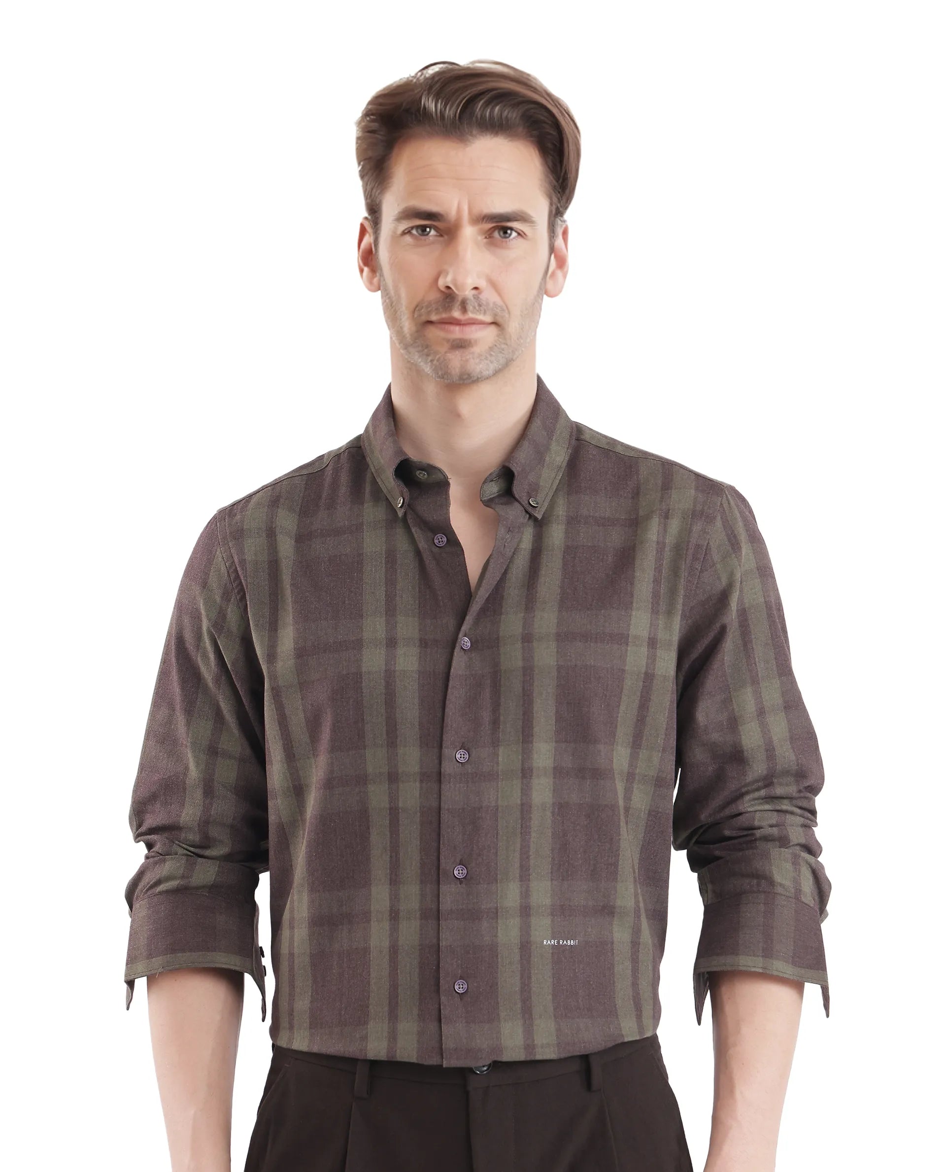 Rare Rabbit Men's Licot Dark Olive Cotton Fabric Regular Fit Checks Shirt