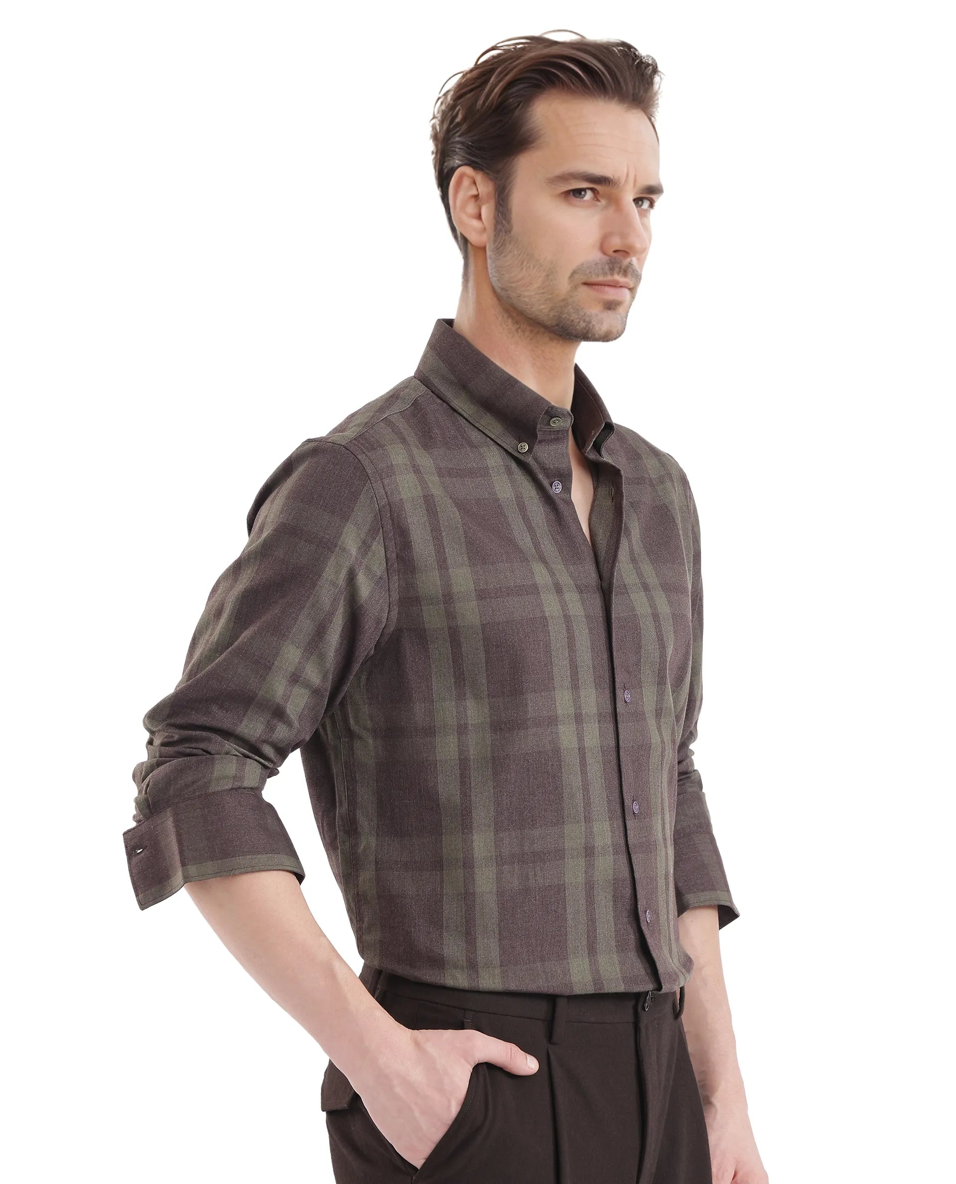 Rare Rabbit Men's Licot Dark Olive Cotton Fabric Regular Fit Checks Shirt