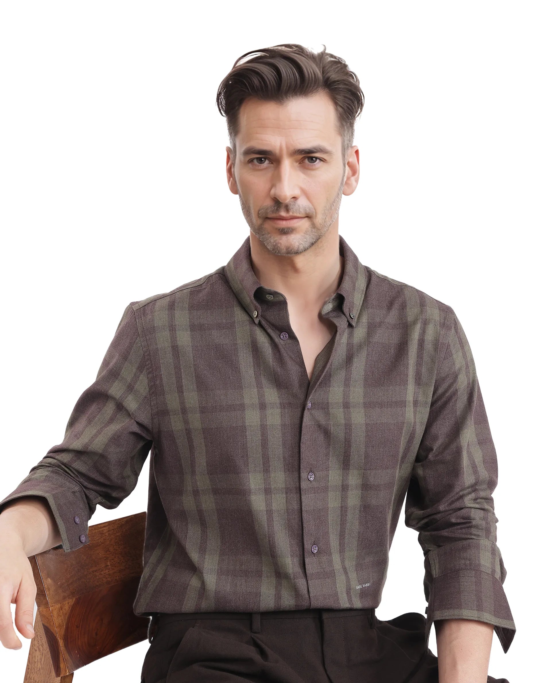 Rare Rabbit Men's Licot Dark Olive Cotton Fabric Regular Fit Checks Shirt