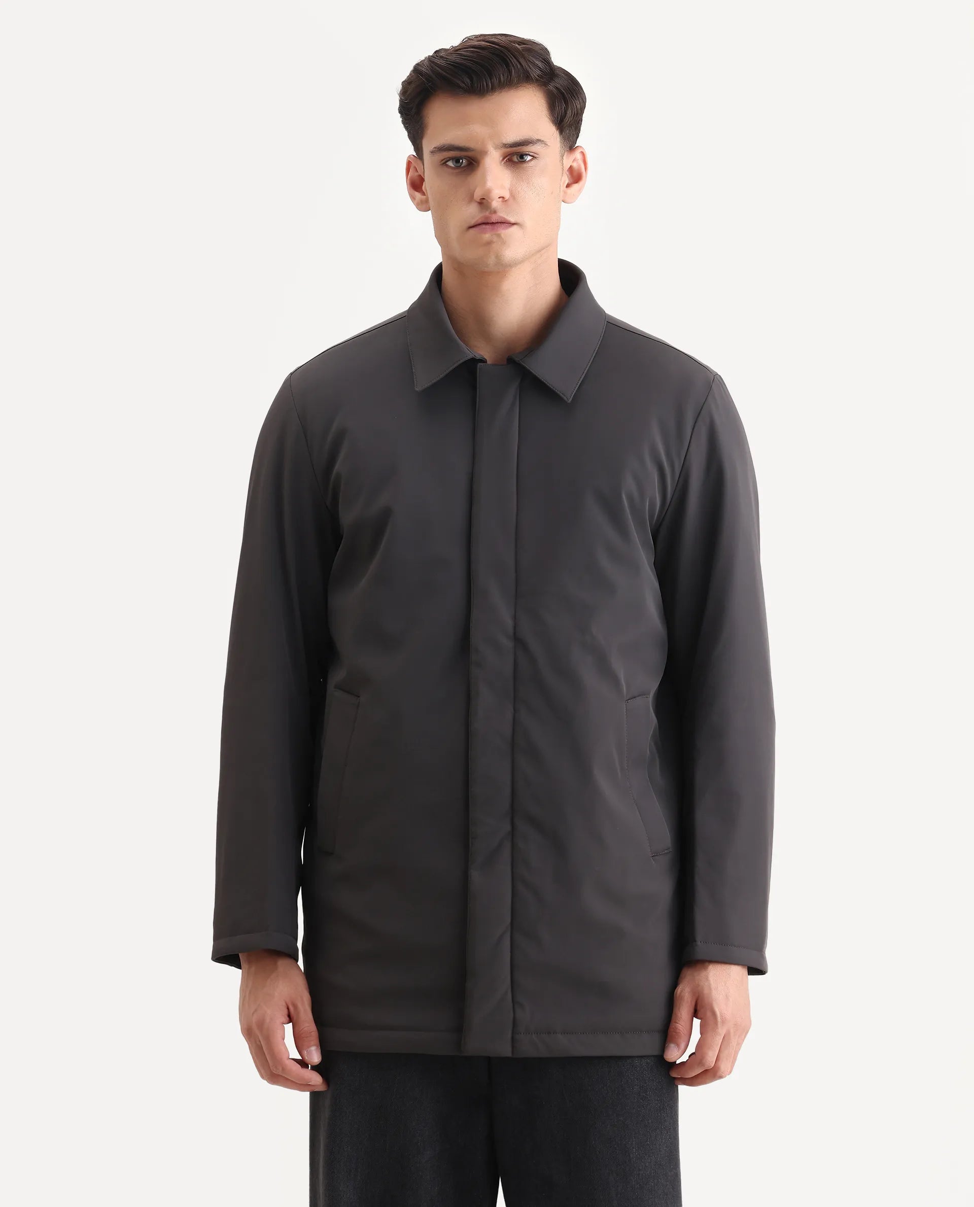 Rare Rabbit Men's Liem Dark Grey Nylon Blend Fabric Collared Neck Regular Fit Plain Coat
