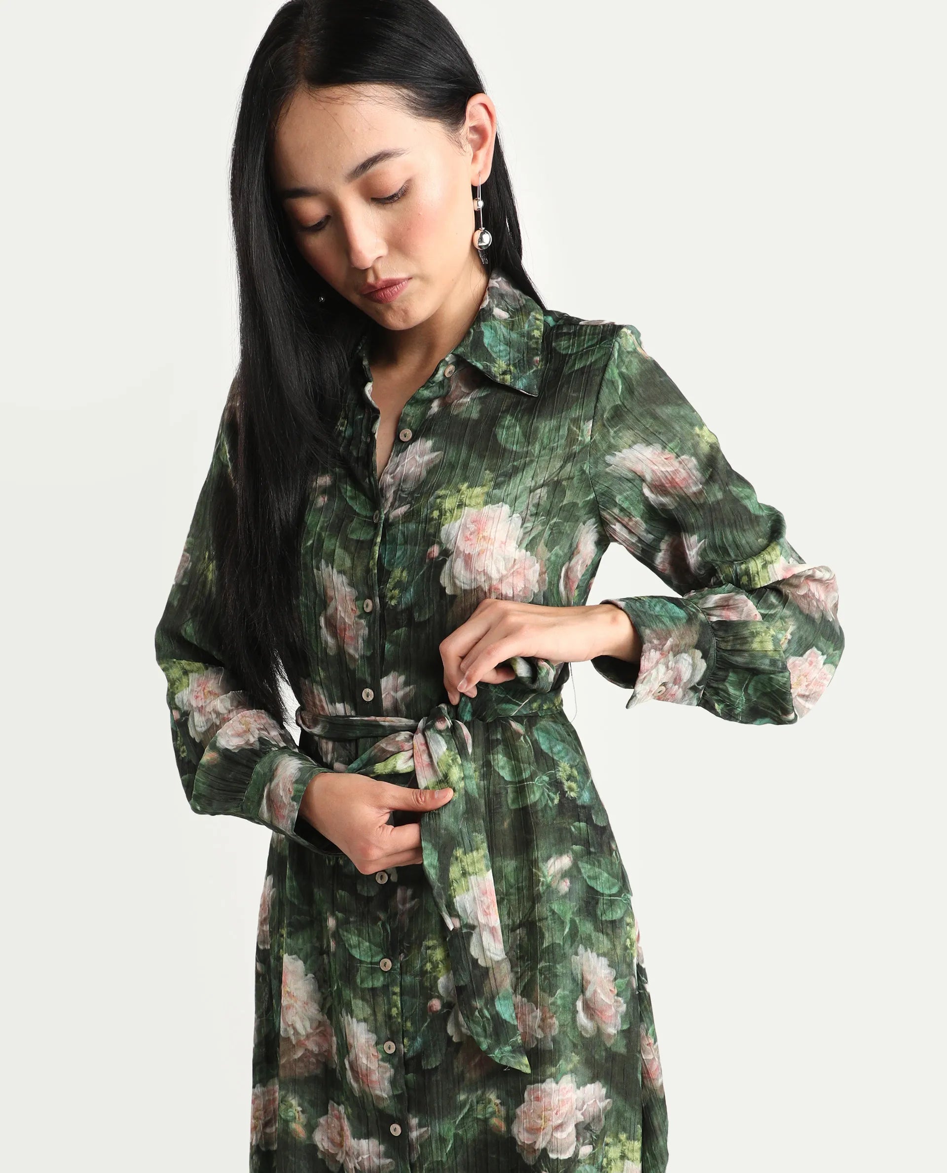 Rareism Women's Lika Dark Green Polyester Tie-Up Neck Floral Print Bishop Sleeve Midi Flared Dress