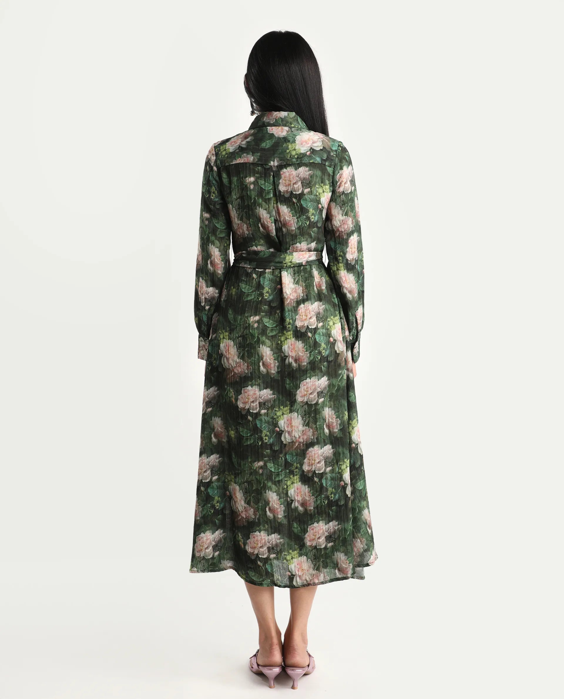 Rareism Women's Lika Dark Green Polyester Tie-Up Neck Floral Print Bishop Sleeve Midi Flared Dress
