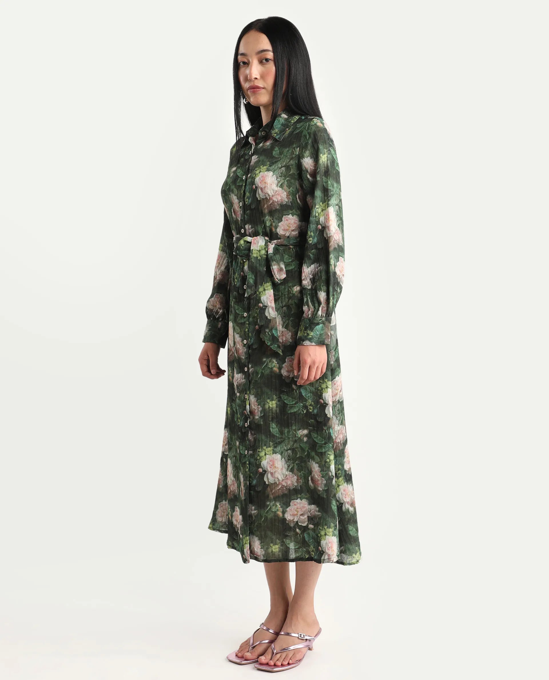 Rareism Women's Lika Dark Green Polyester Tie-Up Neck Floral Print Bishop Sleeve Midi Flared Dress