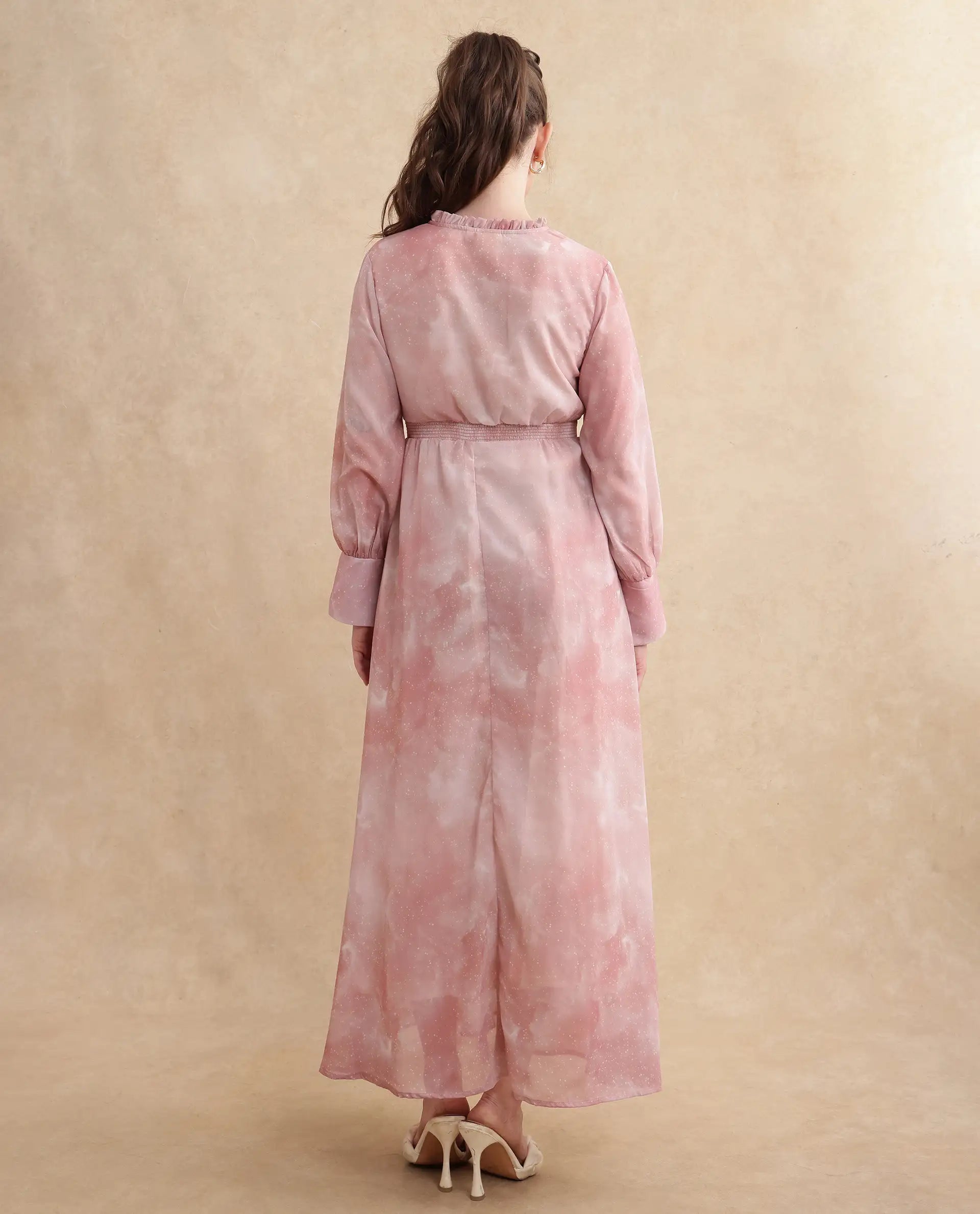 Rareism Women's Likp Pink Polyester Fabric Sweetheart Neck Button Closure Bishop Sleeve Abstract Fit And Flare Midi Dress