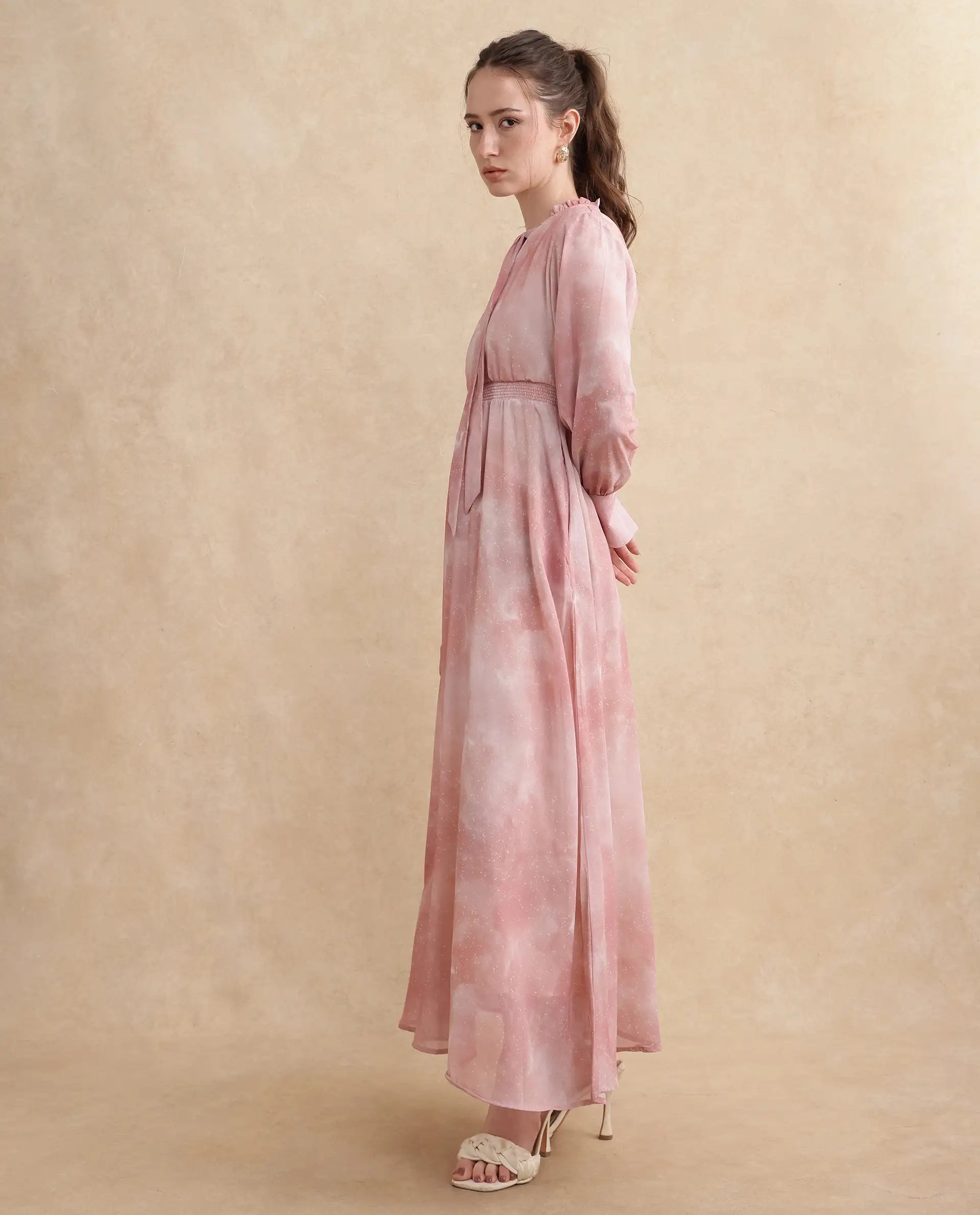 Rareism Women's Likp Pink Polyester Fabric Sweetheart Neck Button Closure Bishop Sleeve Abstract Fit And Flare Midi Dress