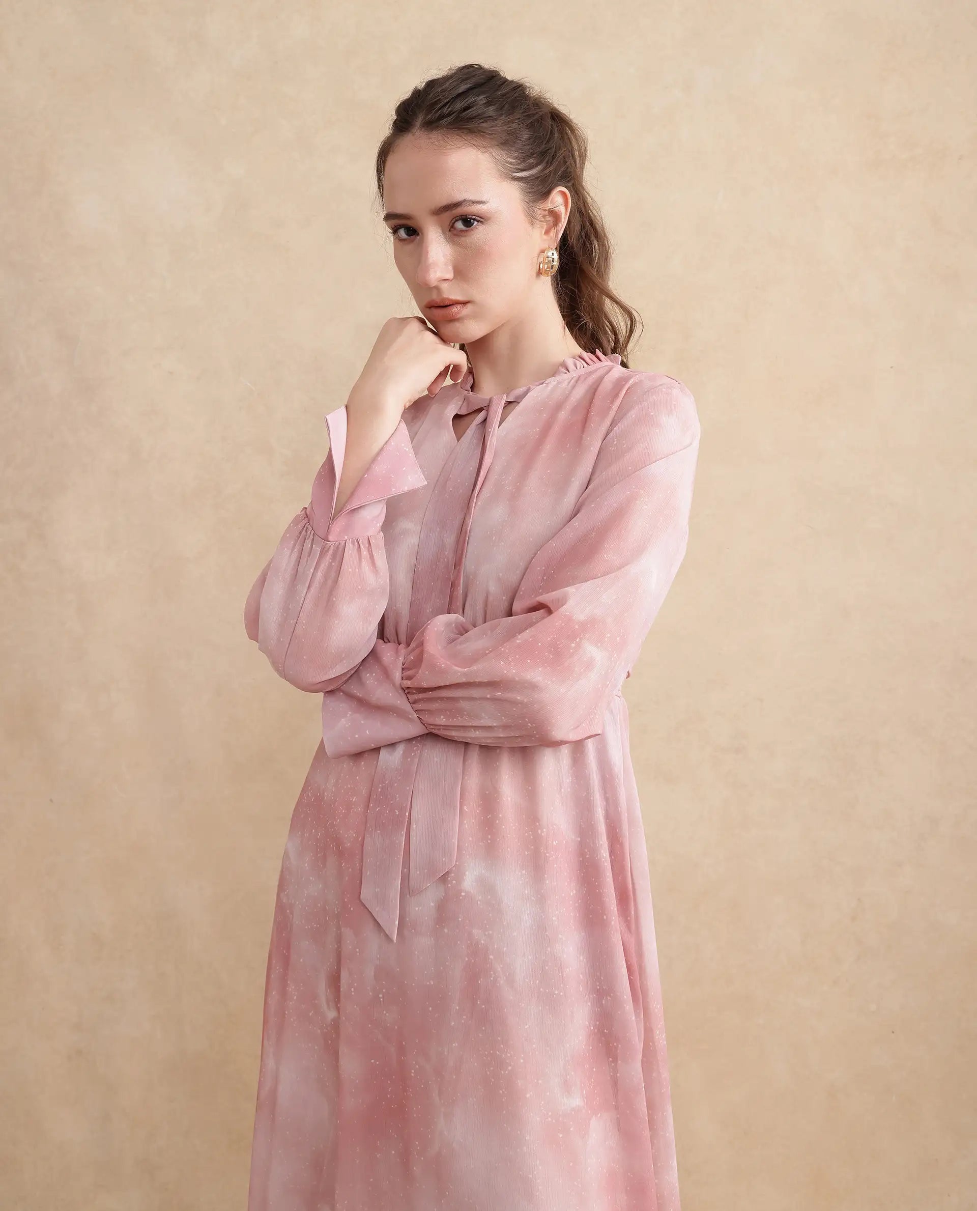 Rareism Women's Likp Pink Polyester Fabric Sweetheart Neck Button Closure Bishop Sleeve Abstract Fit And Flare Midi Dress