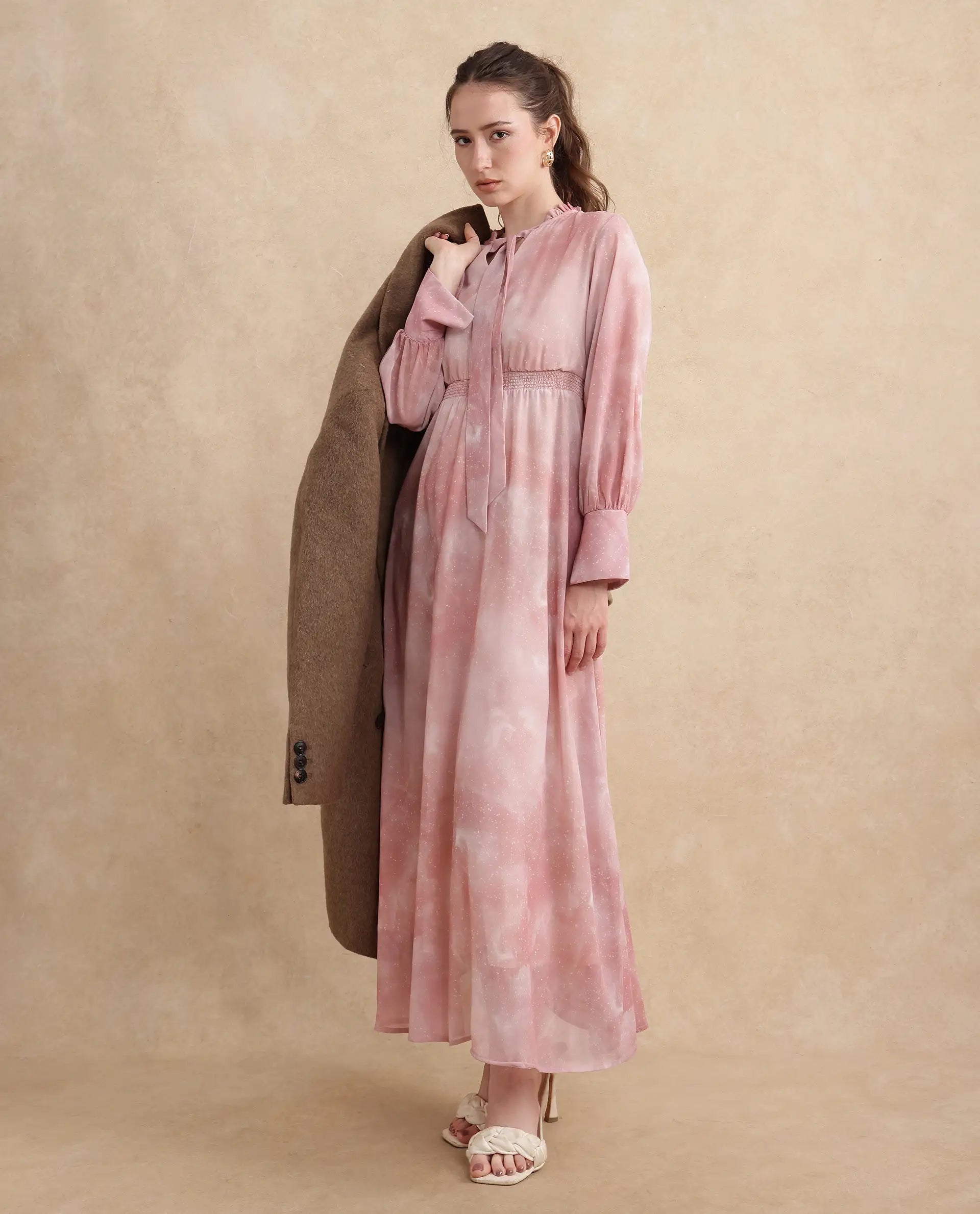 Rareism Women's Likp Pink Polyester Fabric Sweetheart Neck Button Closure Bishop Sleeve Abstract Fit And Flare Midi Dress