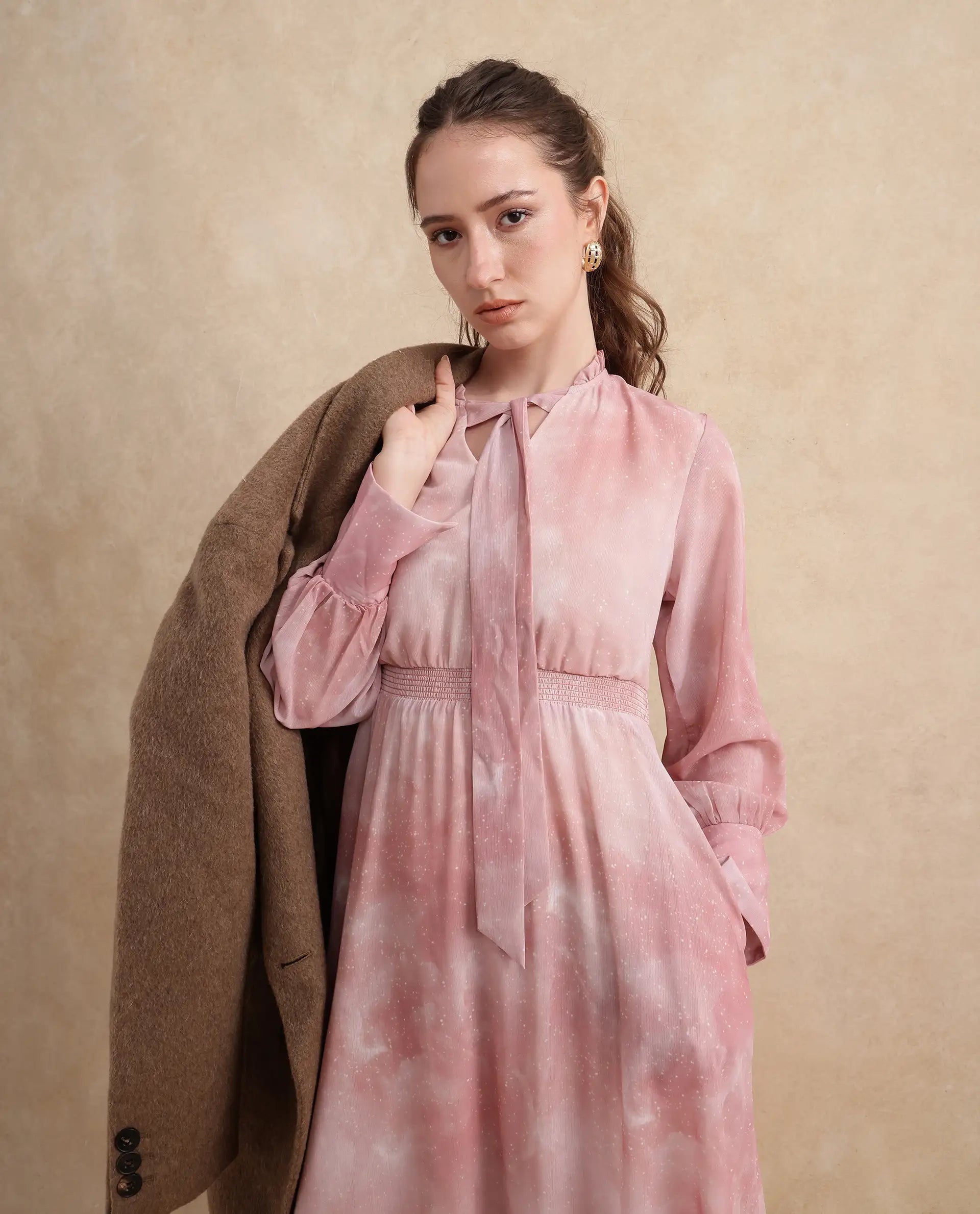 Rareism Women's Likp Pink Polyester Fabric Sweetheart Neck Button Closure Bishop Sleeve Abstract Fit And Flare Midi Dress