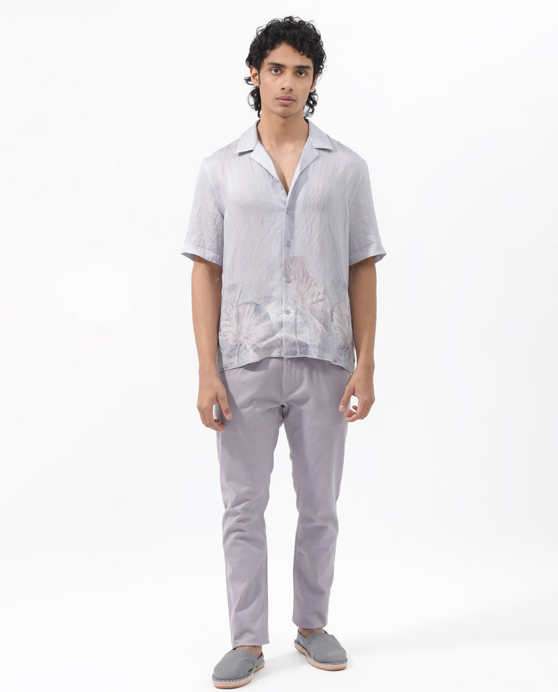 Rare Rabbit Mens Lilate Pastel Purple Viscose Fabric Cuban Collar Short Sleeve Boxy Fit Tropical Print Shirt
