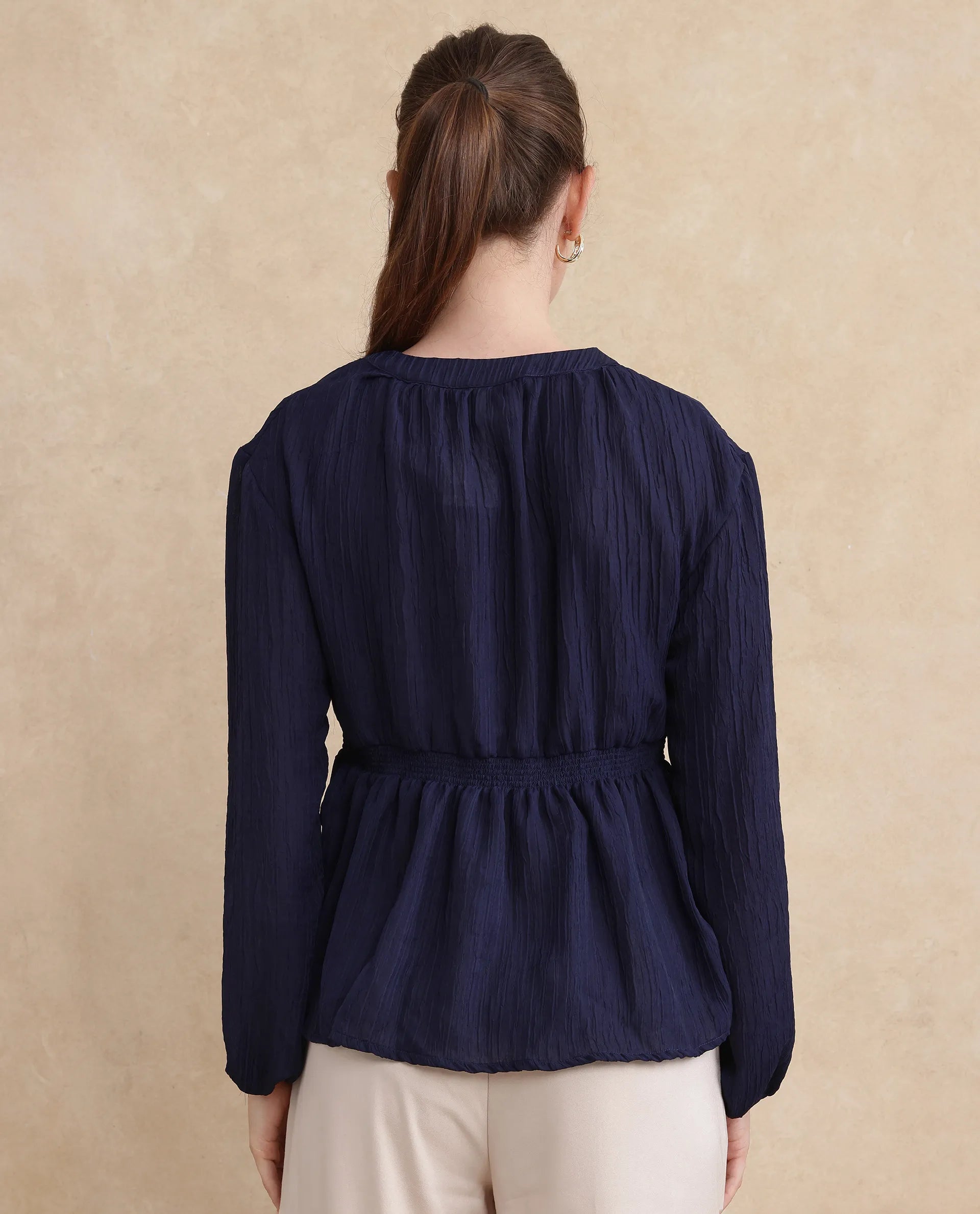 Rareism Women Lille Navy Bishop Sleeves Round Neck Boxy Fit Plain Top