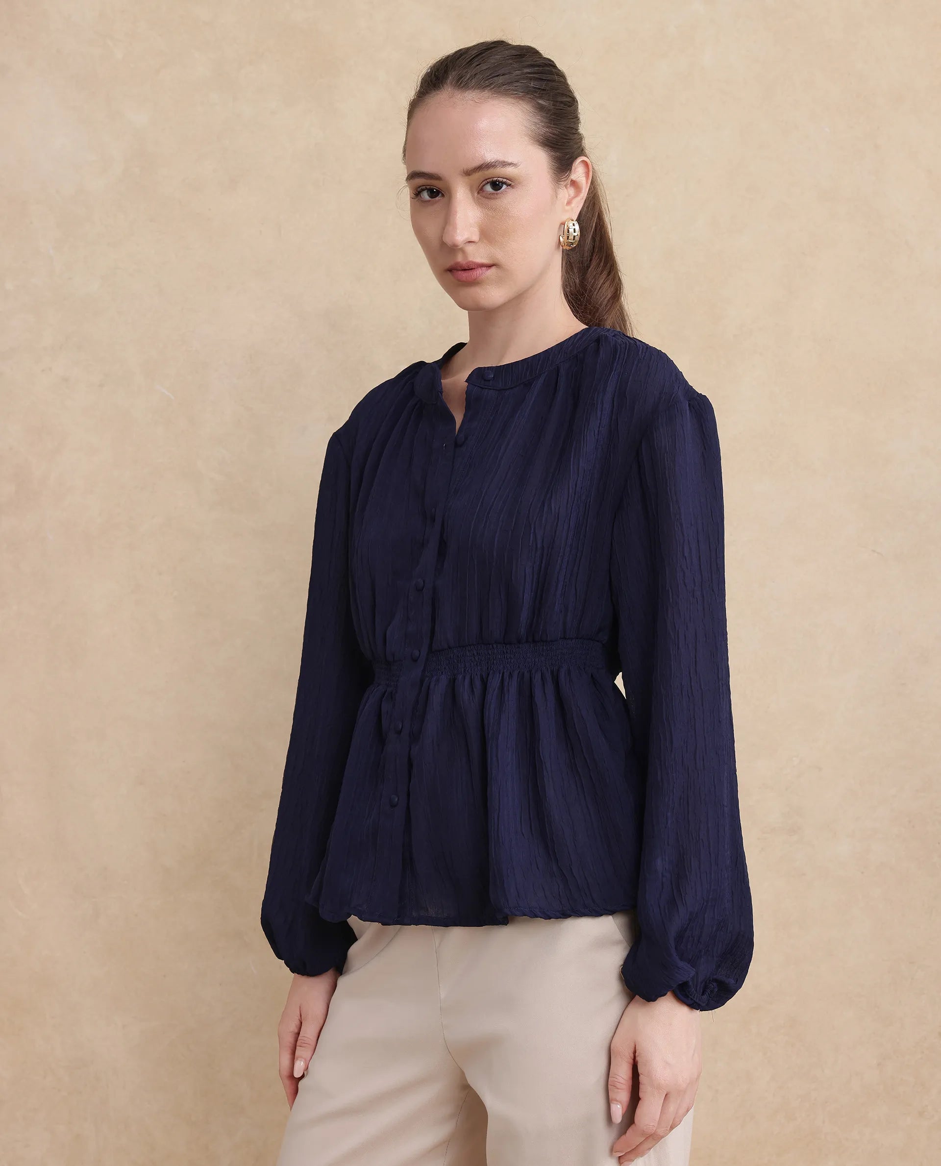 Rareism Women Lille Navy Bishop Sleeves Round Neck Boxy Fit Plain Top