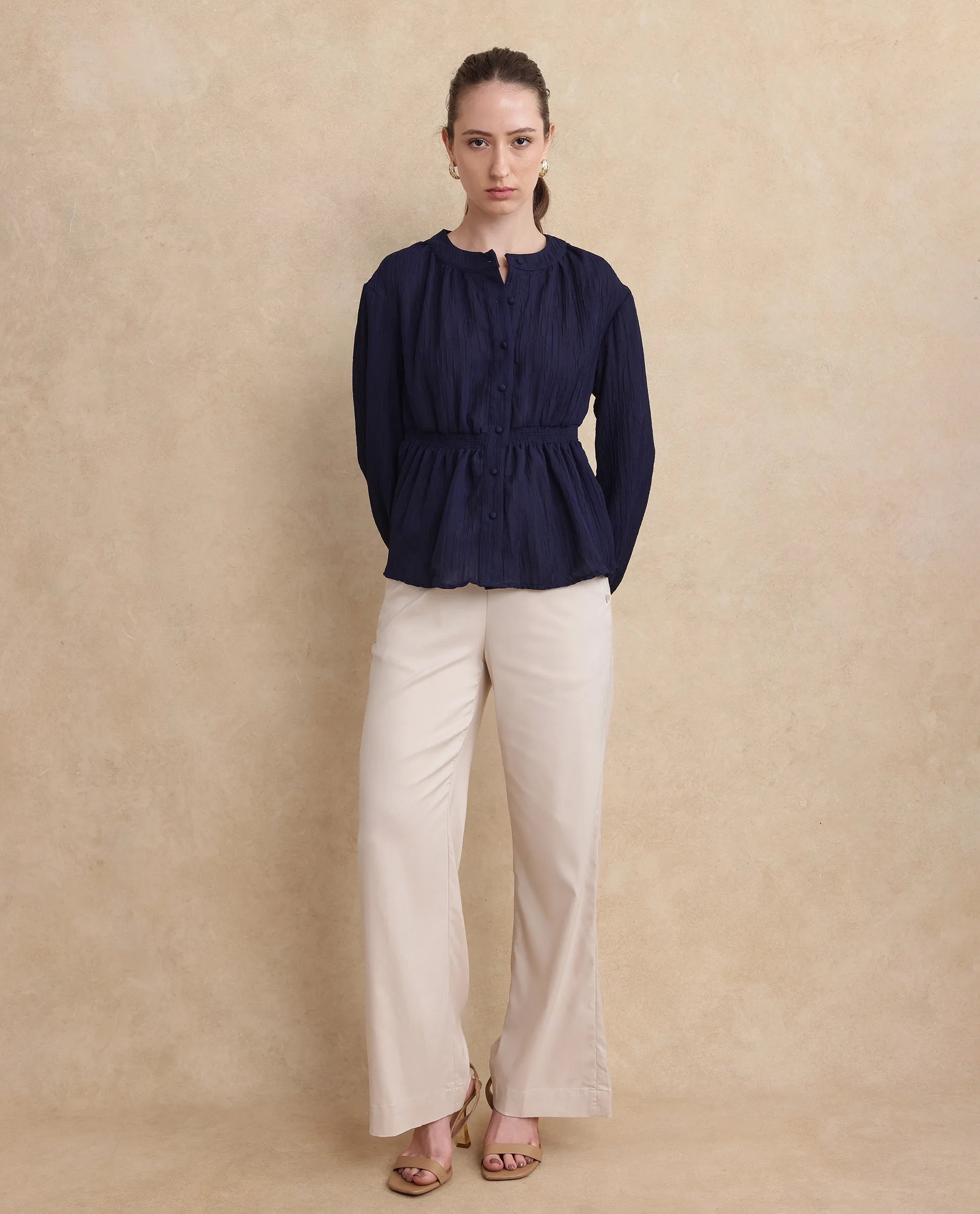 Rareism Women Lille Navy Bishop Sleeves Round Neck Boxy Fit Plain Top