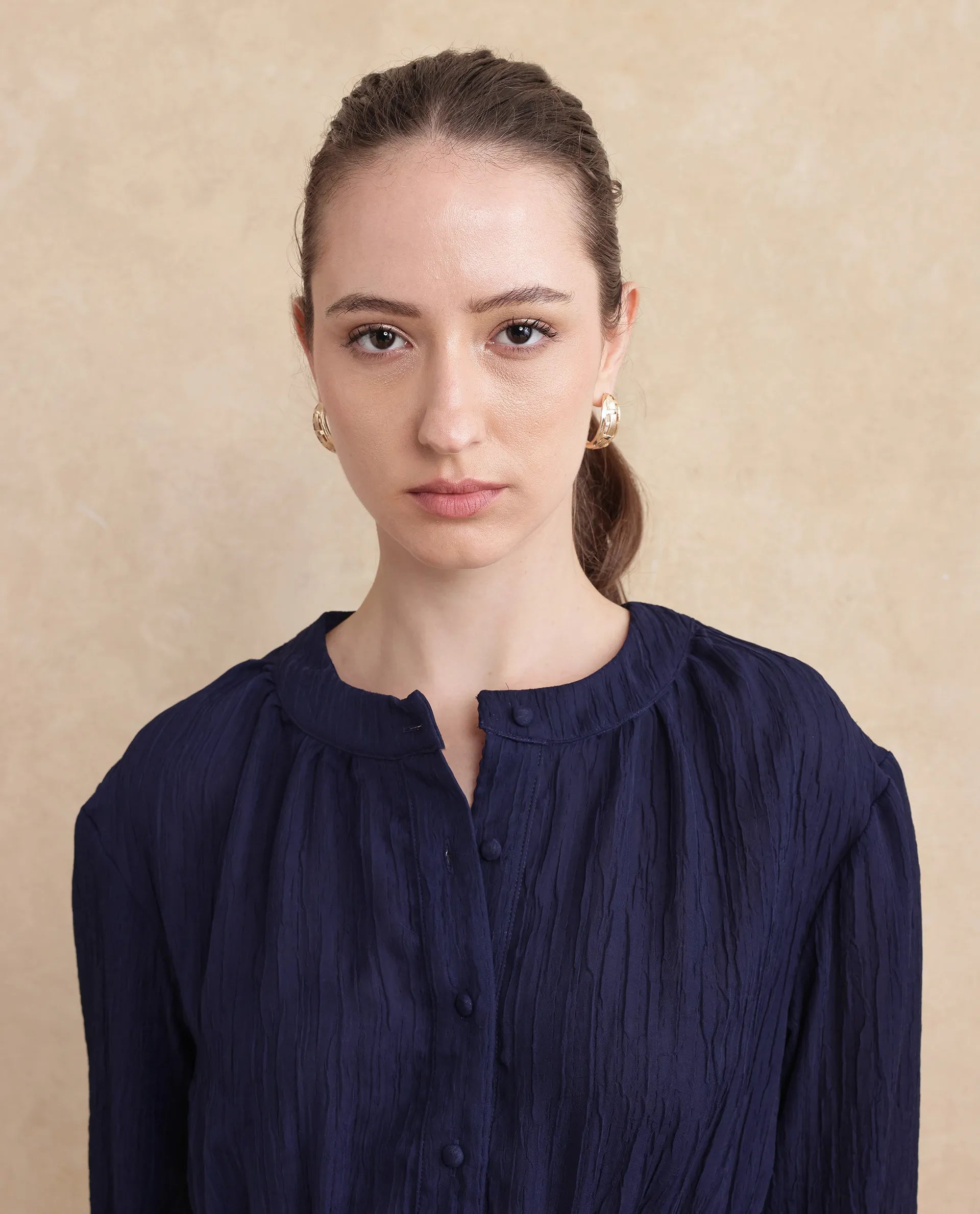 Rareism Women Lille Navy Bishop Sleeves Round Neck Boxy Fit Plain Top