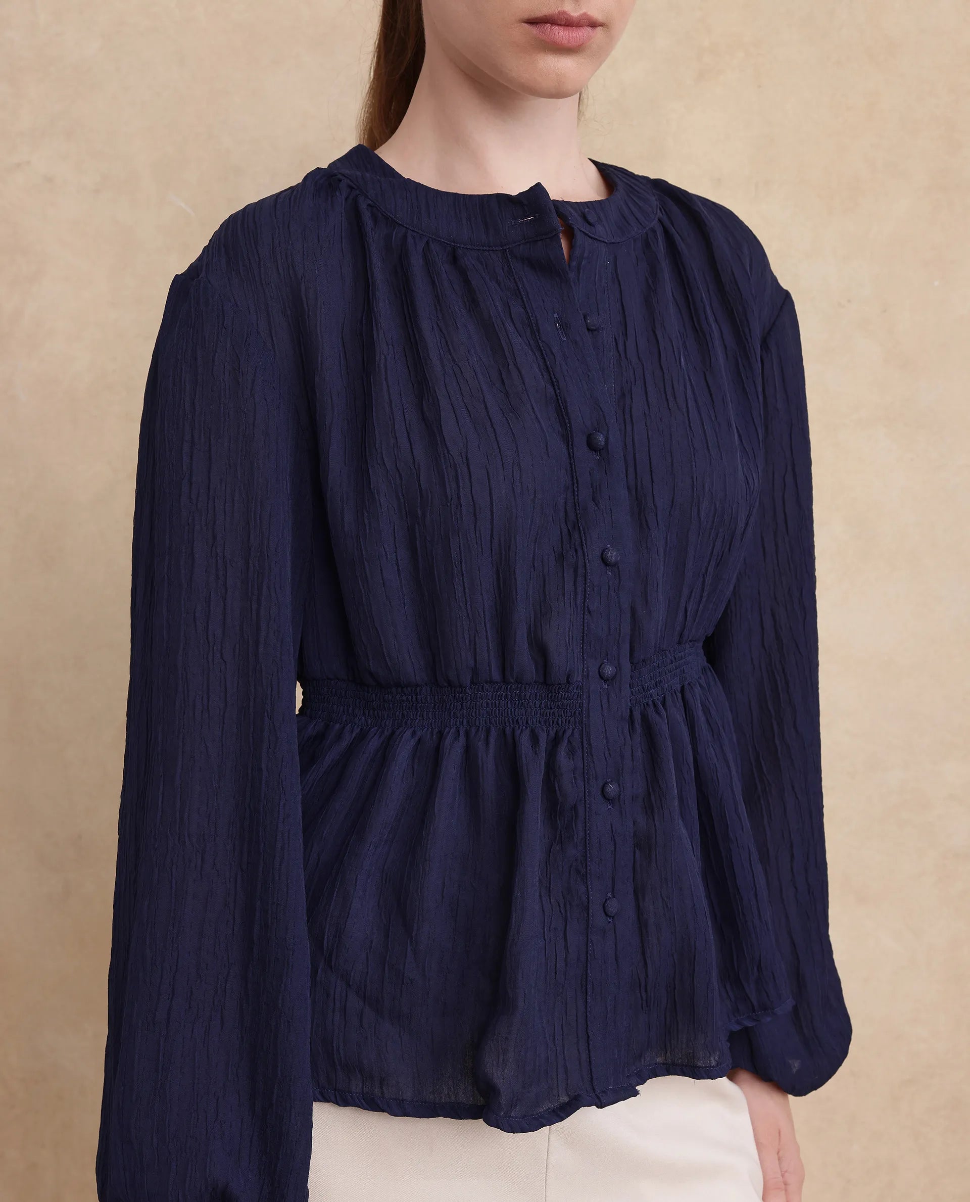 Rareism Women Lille Navy Bishop Sleeves Round Neck Boxy Fit Plain Top