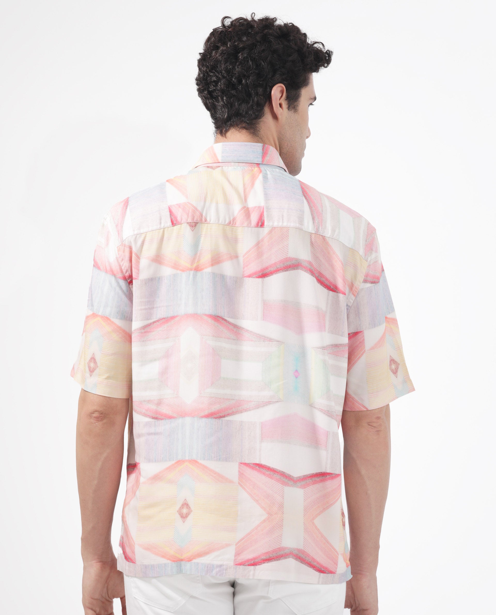 Rare Rabbit Men's Lim Pink Viscose Fabric Half Sleeves Boxy Fit Abstract Geometric Print Shirt