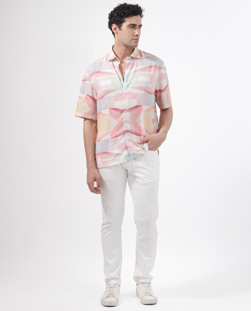 Rare Rabbit Men's Lim Pink Viscose Fabric Half Sleeves Abstract Geometric Print Shirt