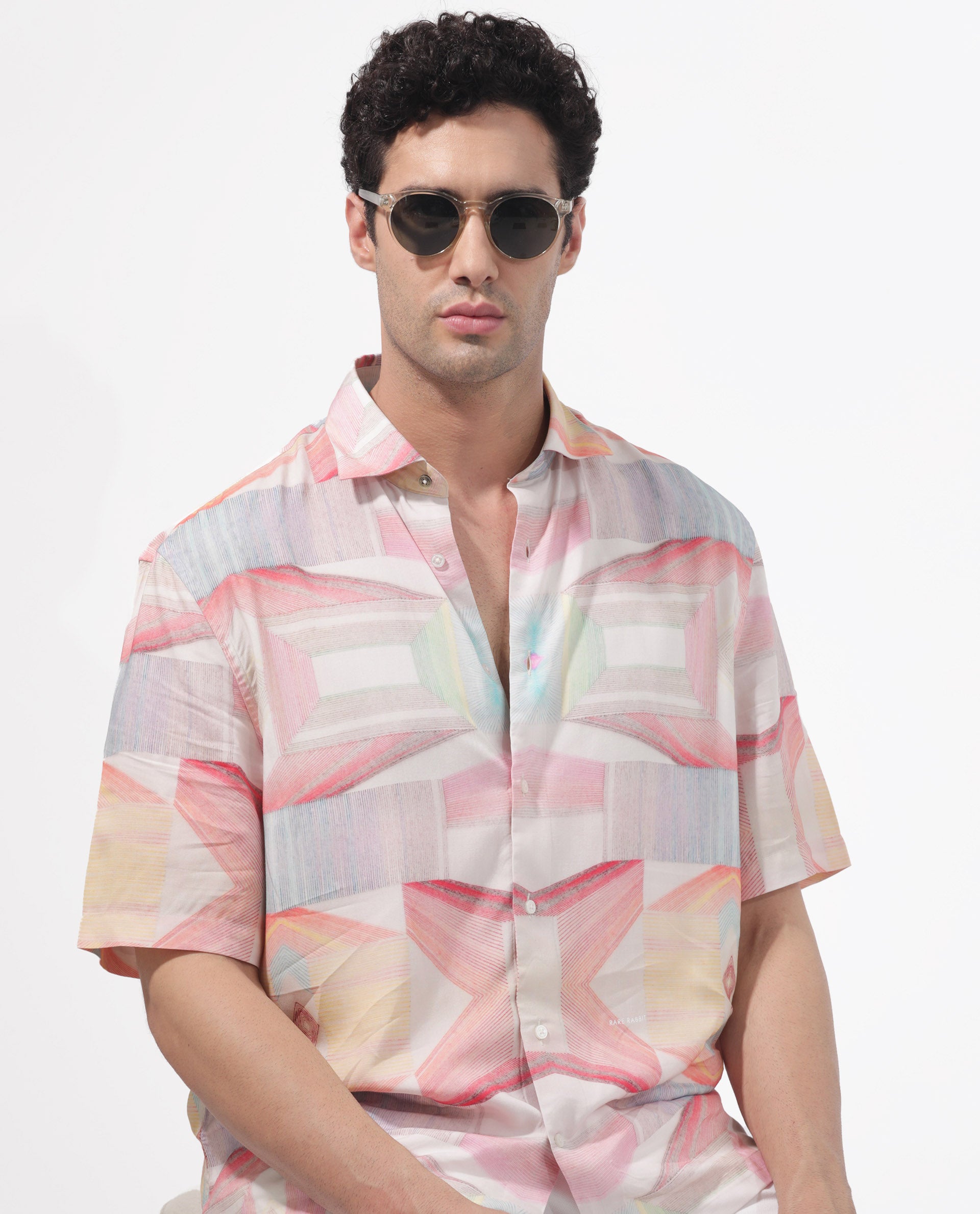 Rare Rabbit Men's Lim Pink Viscose Fabric Half Sleeves Boxy Fit Abstract Geometric Print Shirt