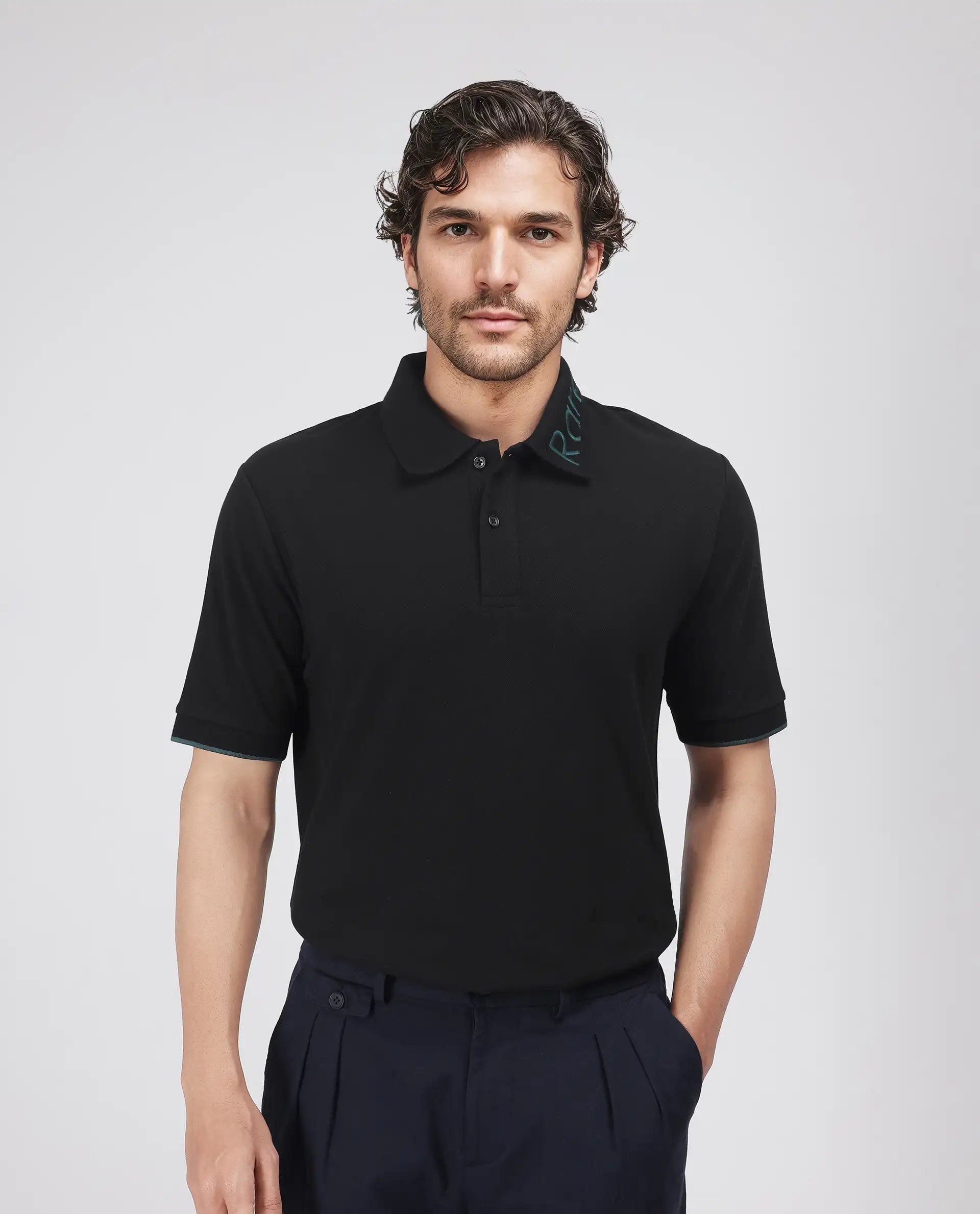 Rare Rabbit Men's Limo Black Cotton Blend Fabric Short Sleeve Collared Neck Button Closure Plain Polo