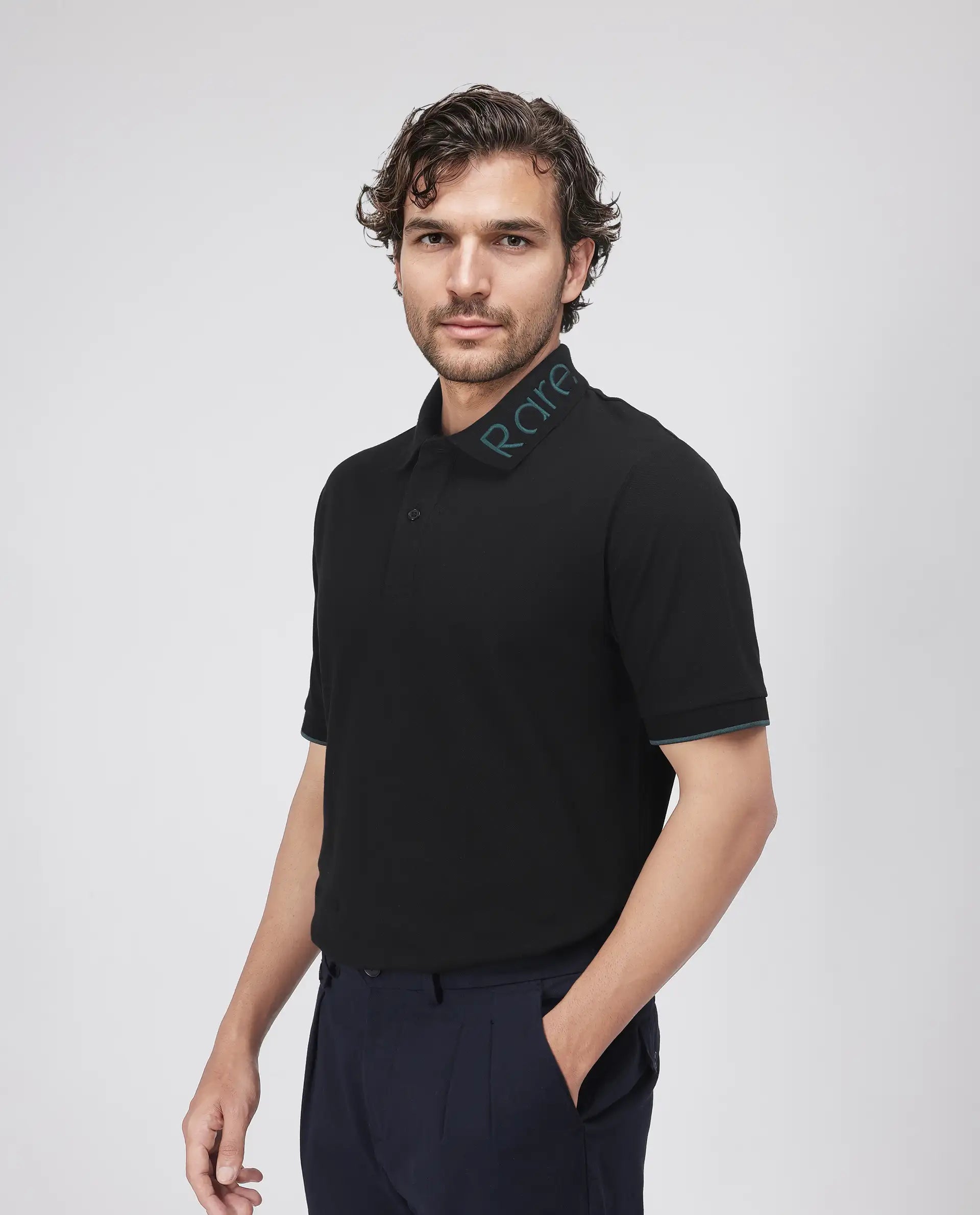 Rare Rabbit Men's Limo Black Cotton Blend Fabric Short Sleeve Collared Neck Button Closure Plain Polo