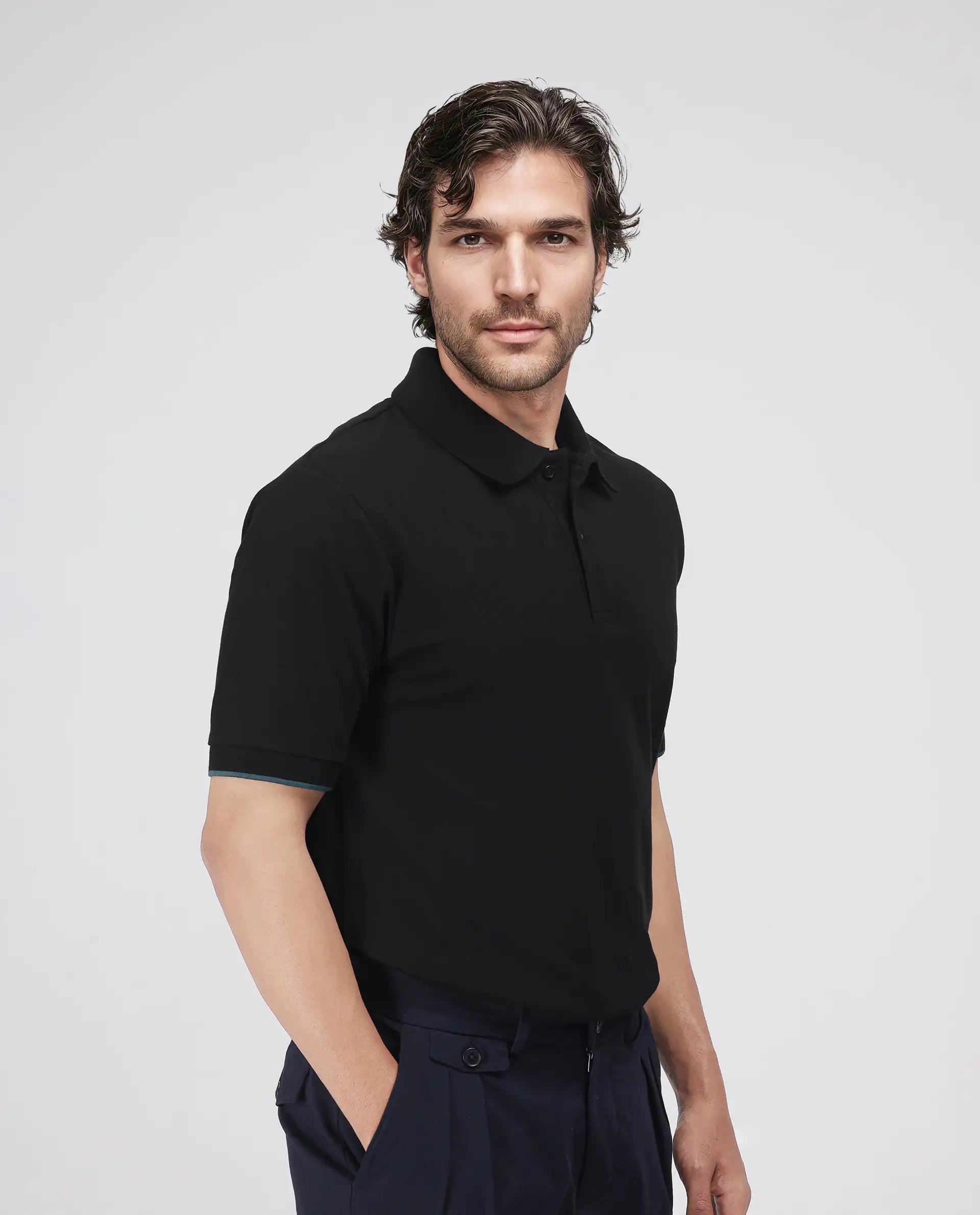 Rare Rabbit Men's Limo Black Cotton Blend Fabric Short Sleeve Collared Neck Button Closure Plain Polo