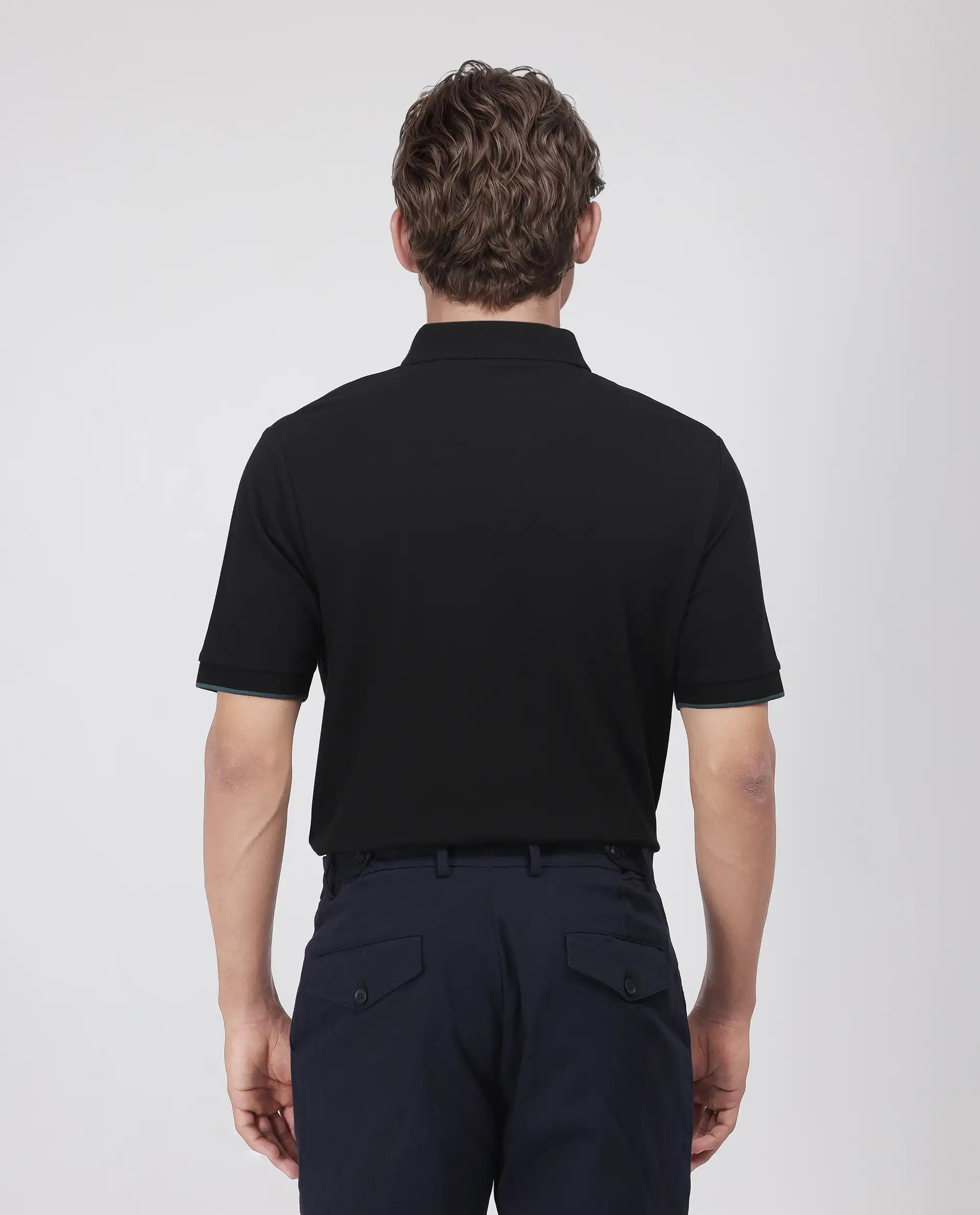 Rare Rabbit Men's Limo Black Cotton Blend Fabric Short Sleeve Collared Neck Button Closure Plain Polo