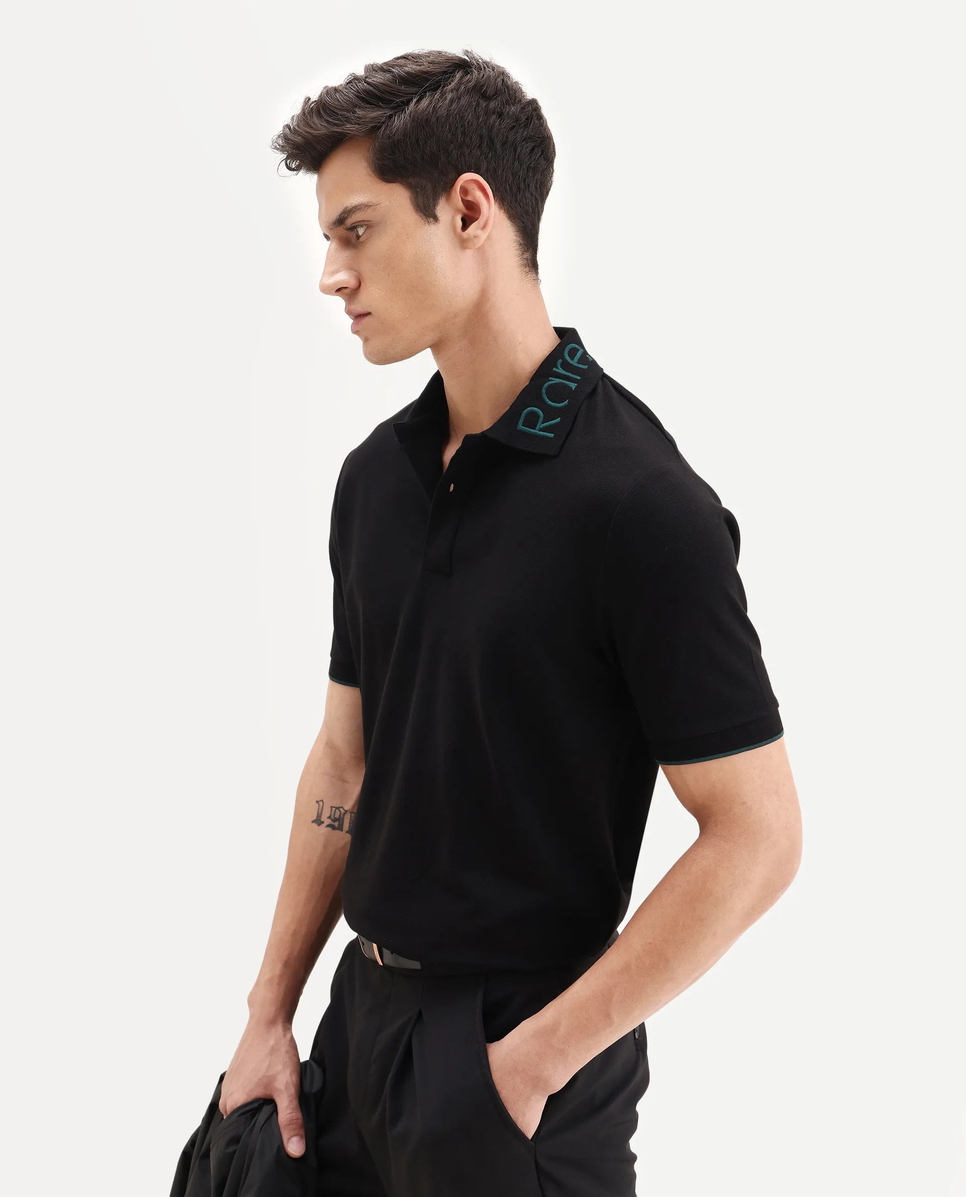 Rare Rabbit Men's Limo Black Cotton Embroidered Regular Fit Full Sleeve Collared Shirt