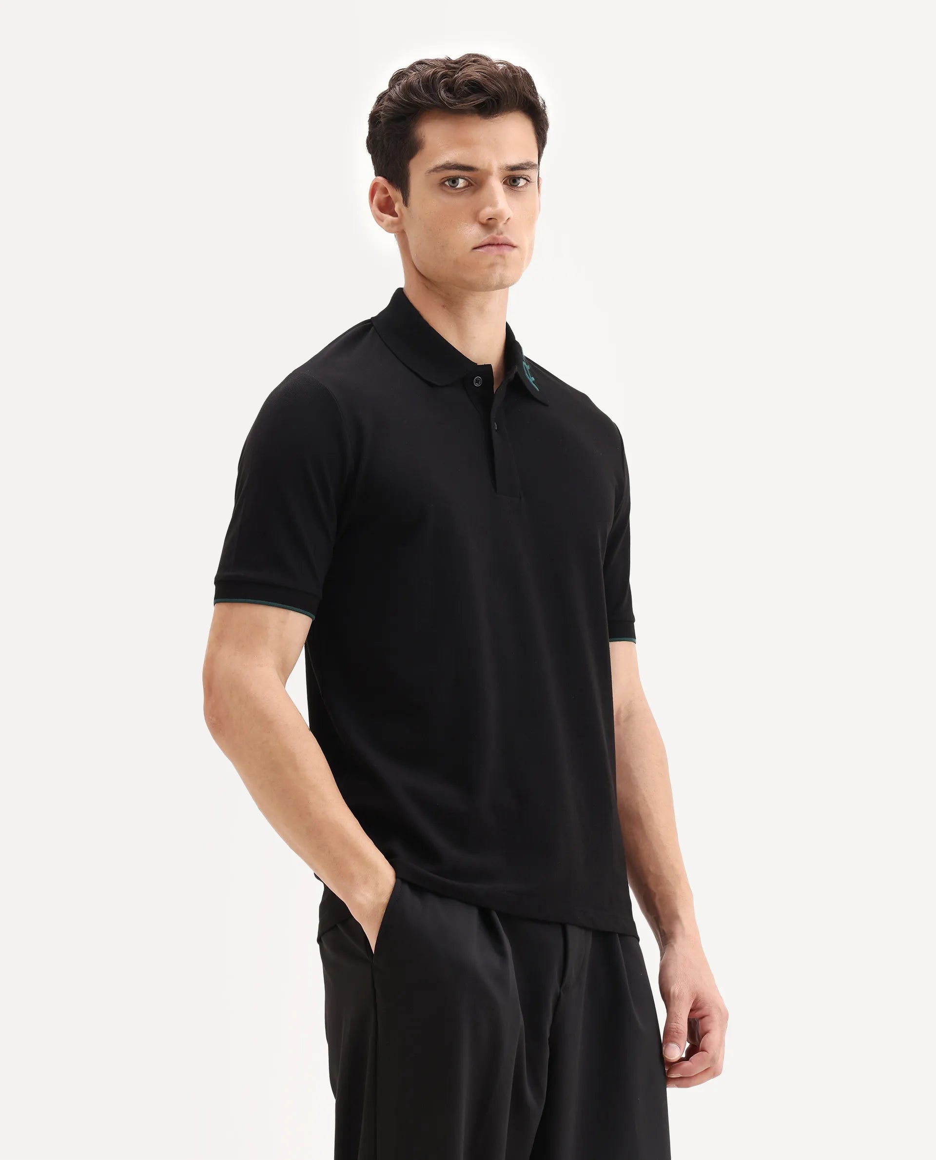 Rare Rabbit Men's Limo Black Cotton Embroidered Regular Fit Full Sleeve Collared Shirt