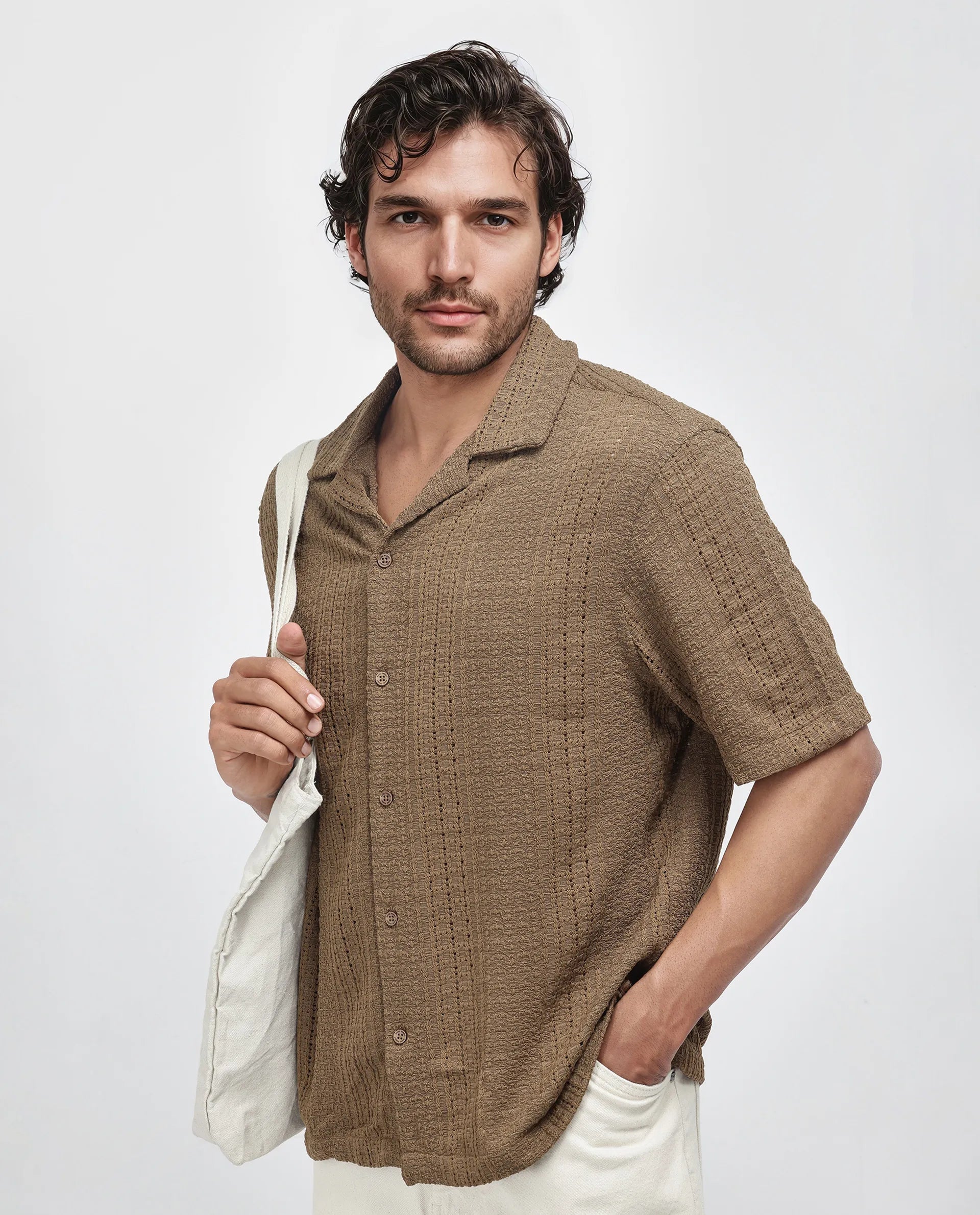 Rare Rabbit Men's Limo Brown Cotton Fabric Full Sleeve Collared Neck Button Closure Printed Shirt