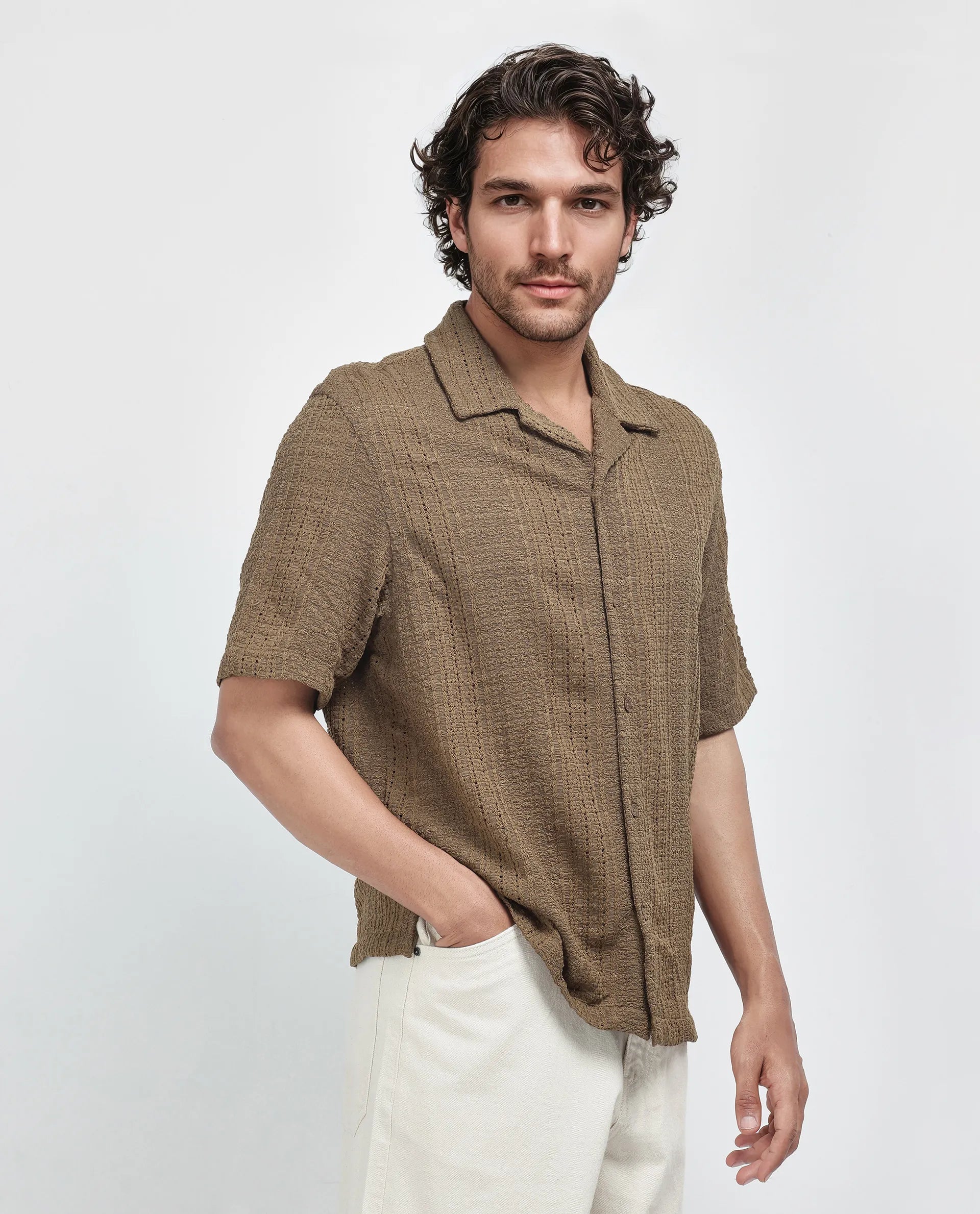 Rare Rabbit Men's Limo Brown Cotton Fabric Full Sleeve Collared Neck Button Closure Printed Shirt