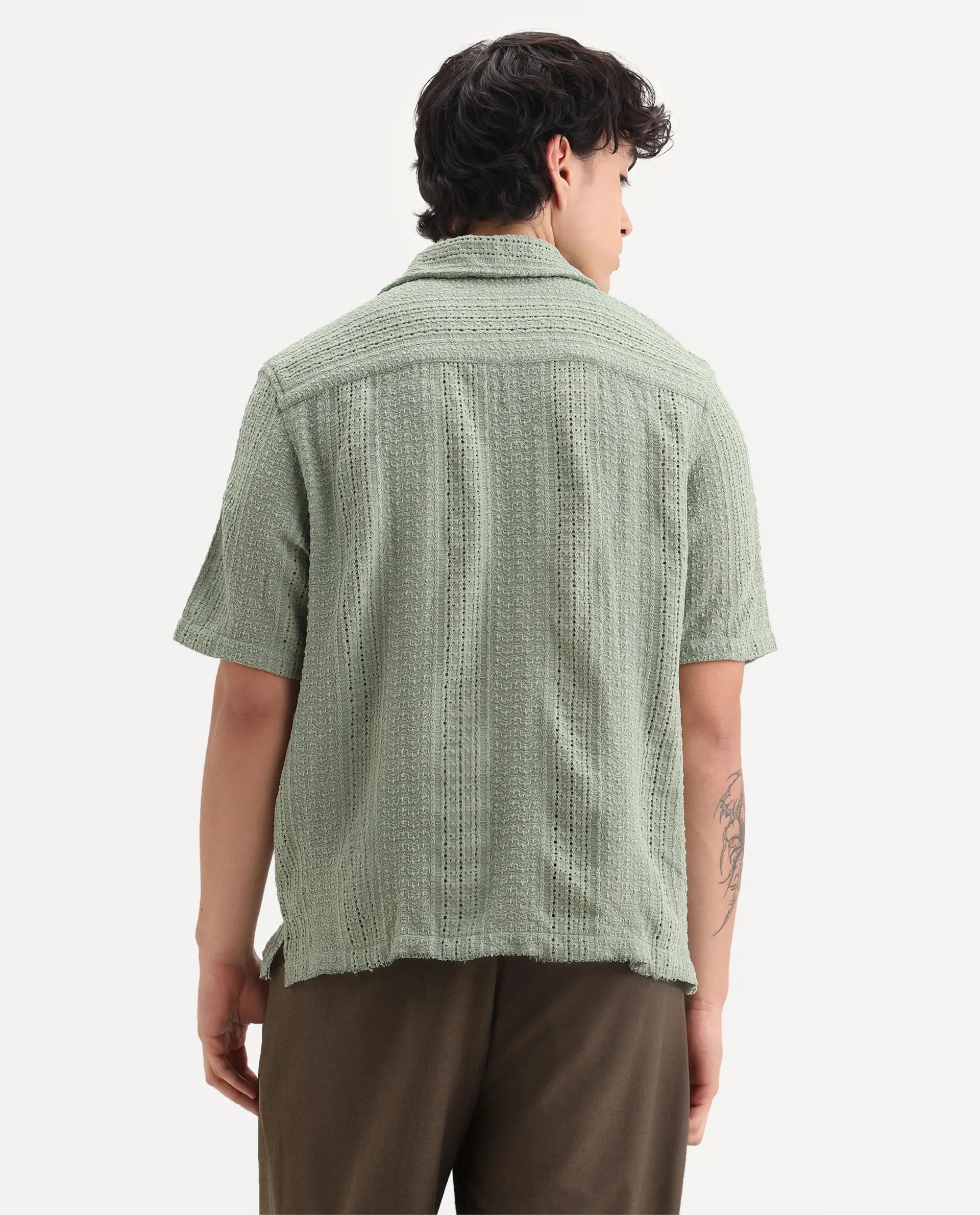 Rare Rabbit Men's Limo Pastel Green Cotton Embroidered Boxy Fit Full Sleeve Cuban Collar Shirt