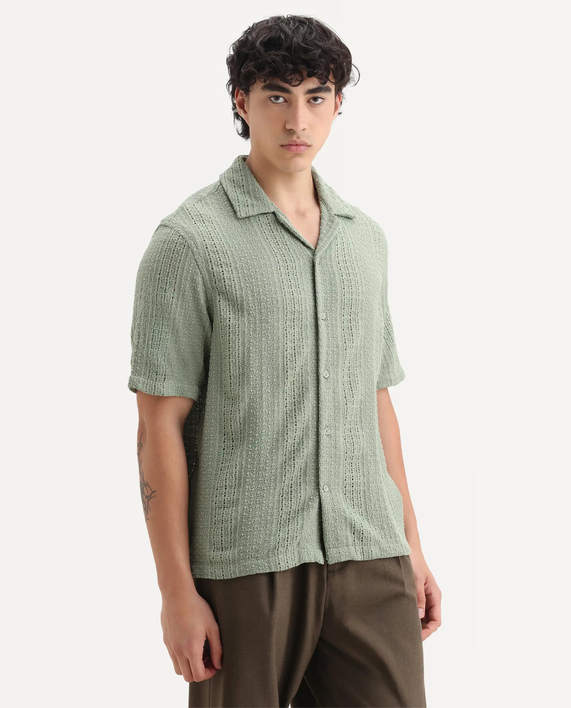 Rare Rabbit Men's Limo Pastel Green Cotton Embroidered Boxy Fit Full Sleeve Cuban Collar Shirt