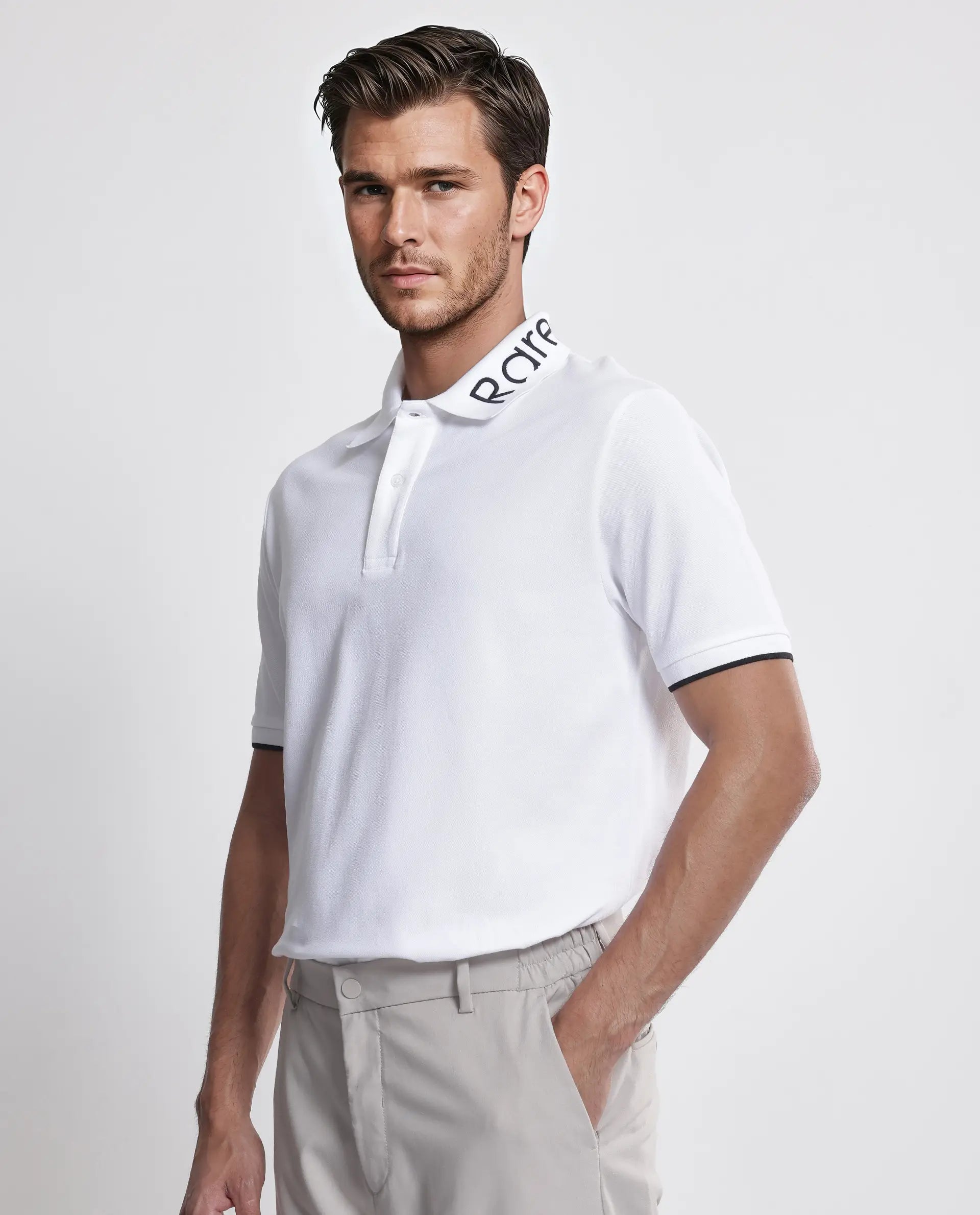 Rare Rabbit Men's Limo White Cotton Blend Fabric Short Sleeve Collared Neck Button Closure Plain Polo