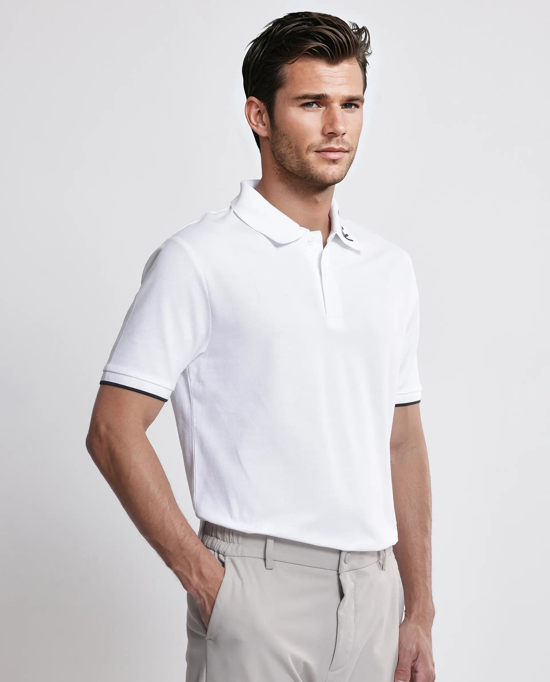 Rare Rabbit Men's Limo White Cotton Blend Fabric Short Sleeve Collared Neck Button Closure Plain Polo