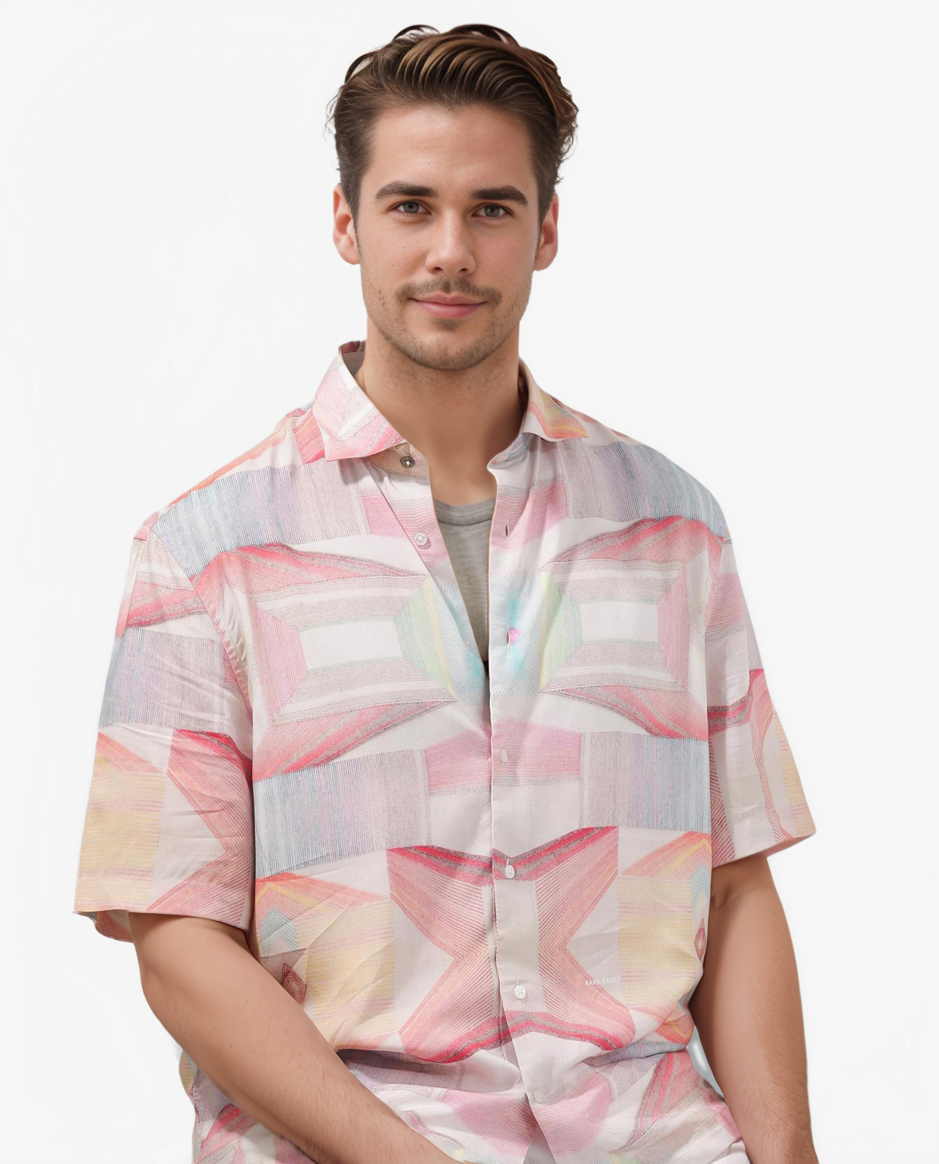 Rare Rabbit Men's Lim Pink Viscose Fabric Half Sleeves Boxy Fit Abstract Geometric Print Shirt