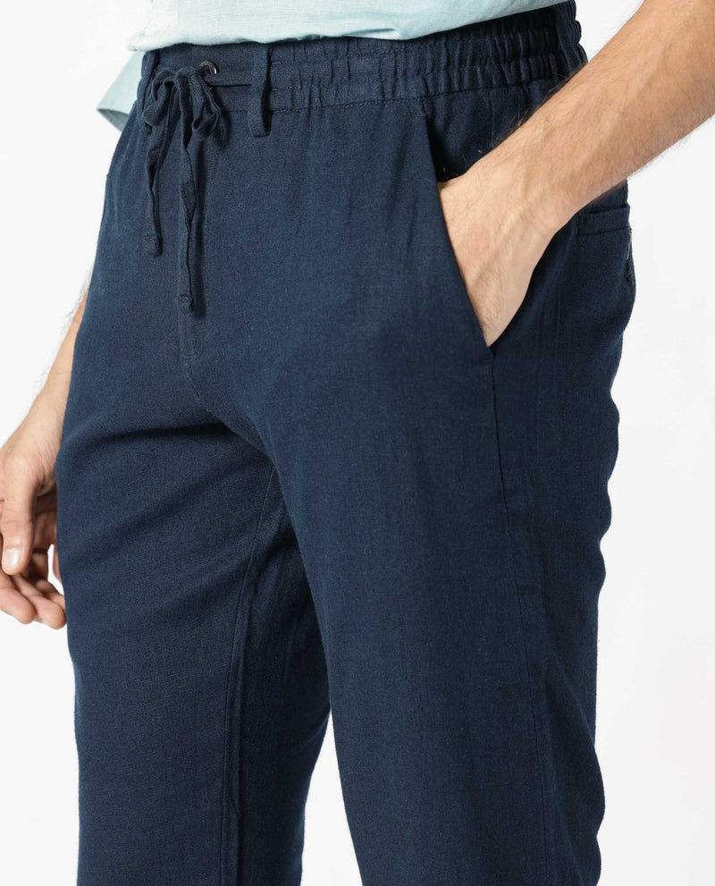 Rare Rabbit Men's Linac Dark Navy Solid Drawstring With Elastic Waistband Regular Fit Linen Trouser
