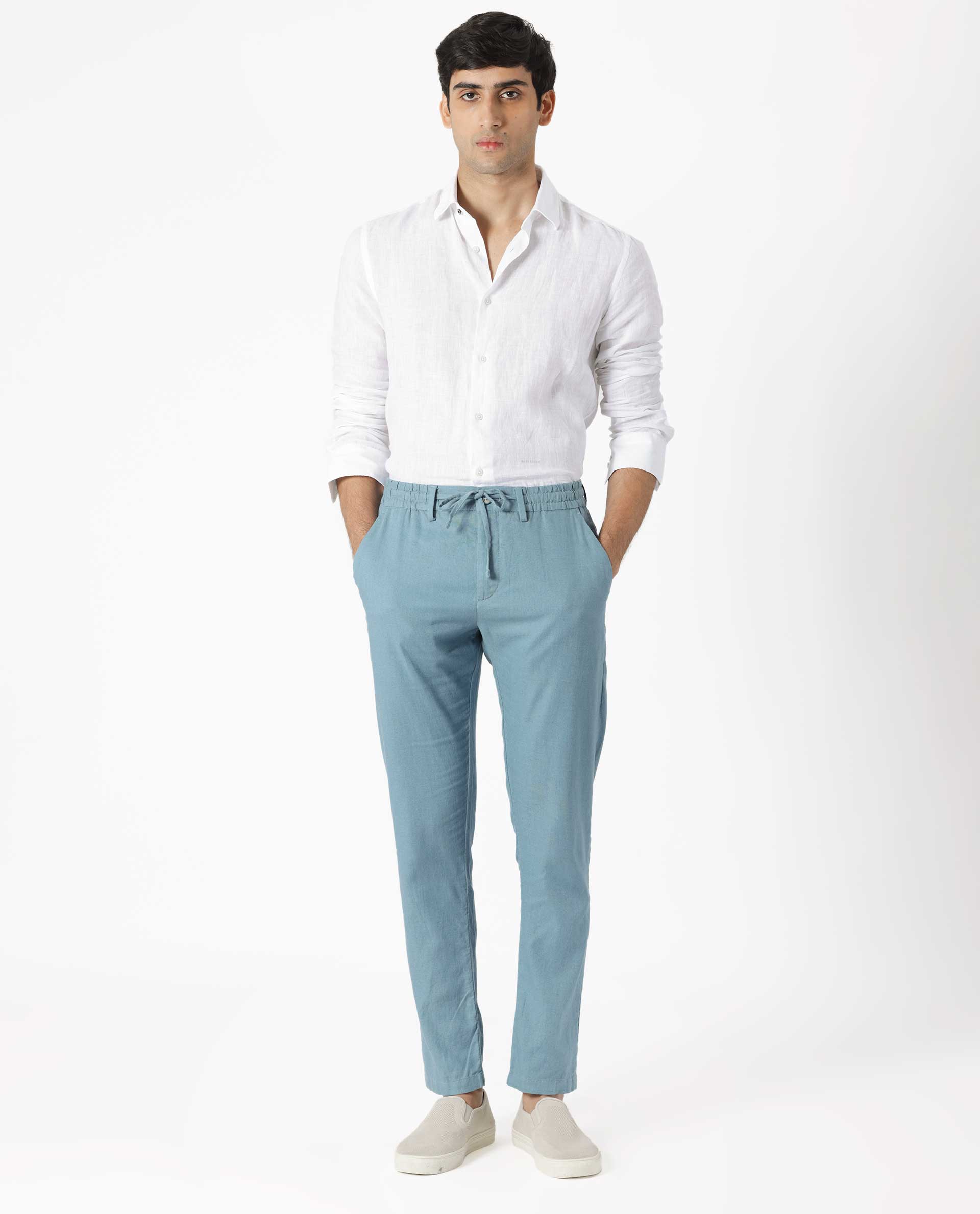 Buy Men's Light Blue 100% Linen Pants Online In India