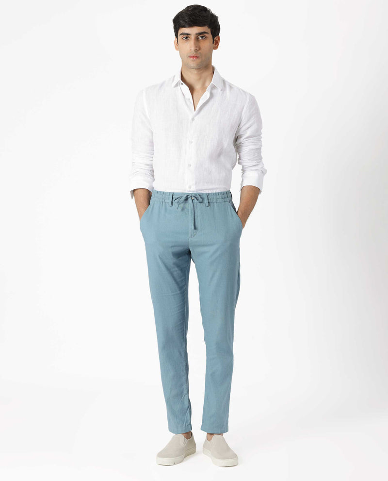 Rare Rabbit Men's Linac Dusky Blue Solid Drawstring With Elastic Waistband Regular Fit Linen Trouser