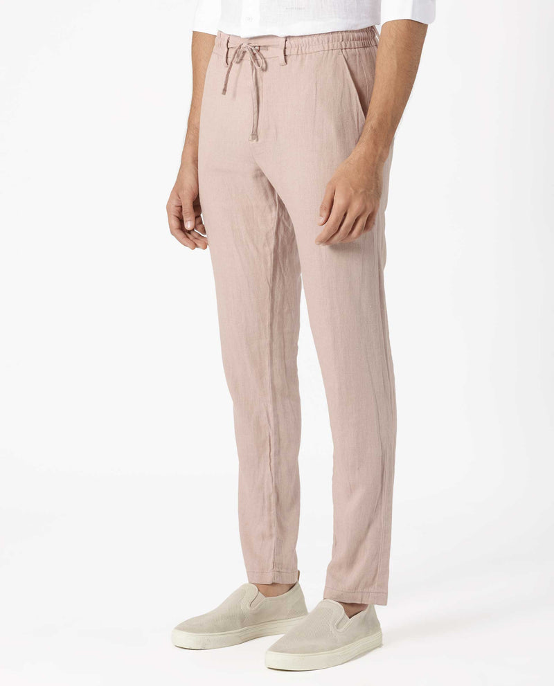 Rare Rabbit Men's Linac Dusky Pink Solid Drawstring With Elastic Waistband Regular Fit Linen Trouser