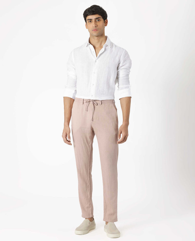 Rare Rabbit Men's Linac Dusky Pink Solid Drawstring With Elastic Waistband Regular Fit Linen Trouser