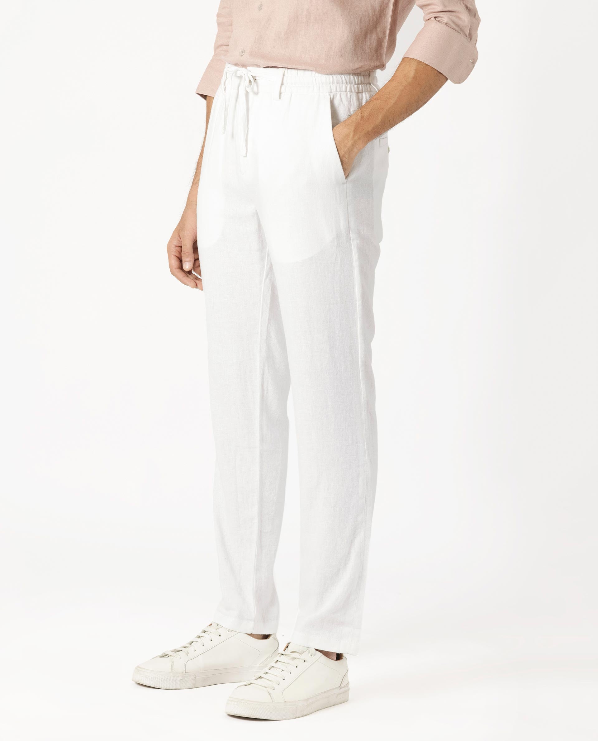 MINC - Buy Narrow Trousers in Off White Linen with Drawstring Online