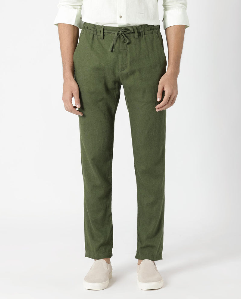 Rare Rabbit Men's Linac Olive Solid Drawstring With Elastic Waistband Regular Fit Linen Trouser