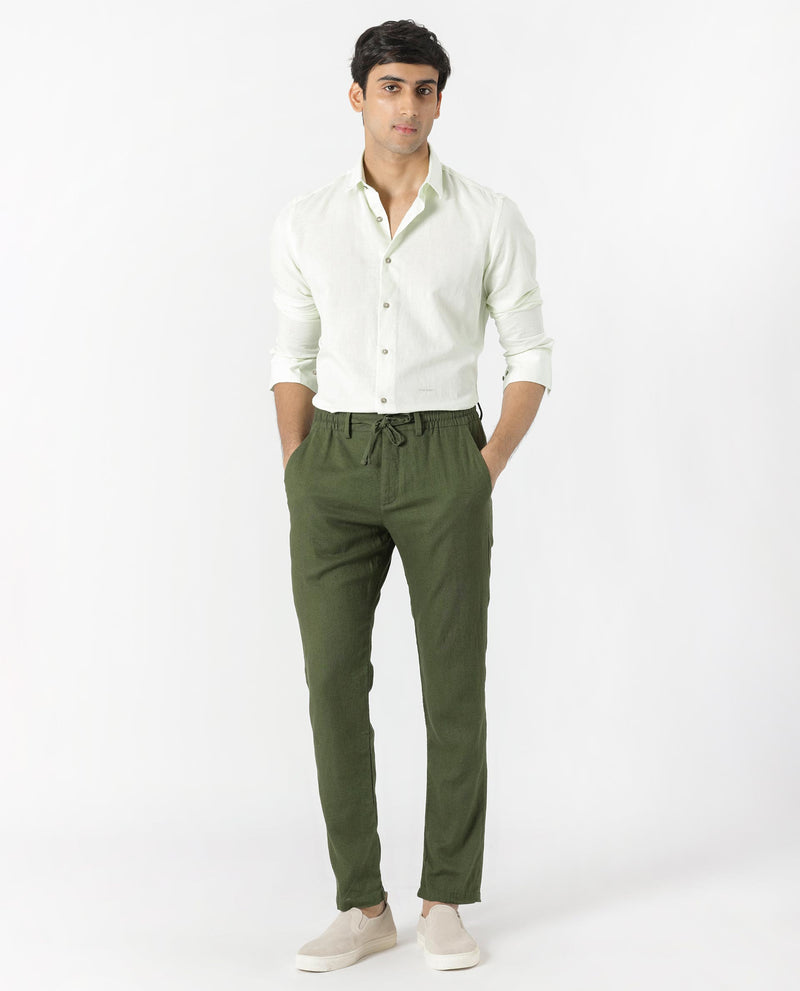 Rare Rabbit Men's Linac Olive Solid Drawstring With Elastic Waistband Regular Fit Linen Trouser