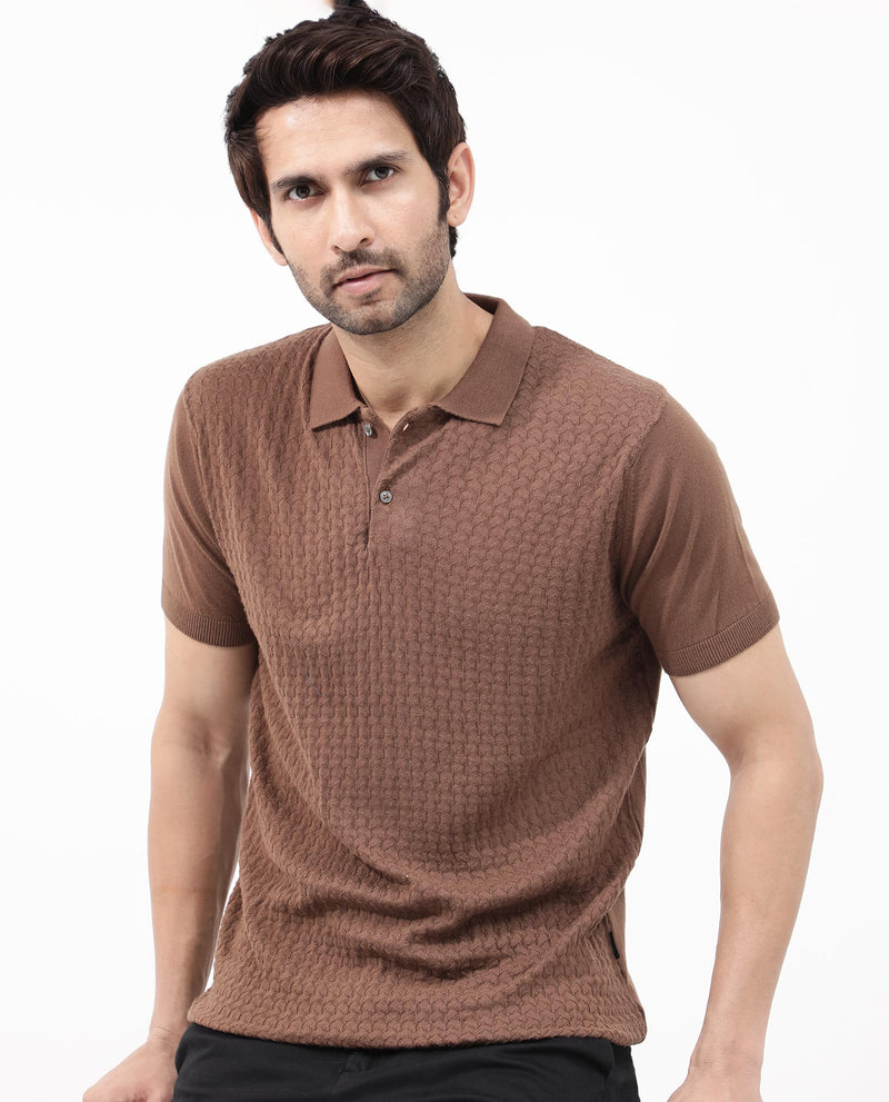 Rare Rabbit Men's Lincos Brown Cotton Fabric Collared Neck Full Sleeves Textured Polo T-Shirt