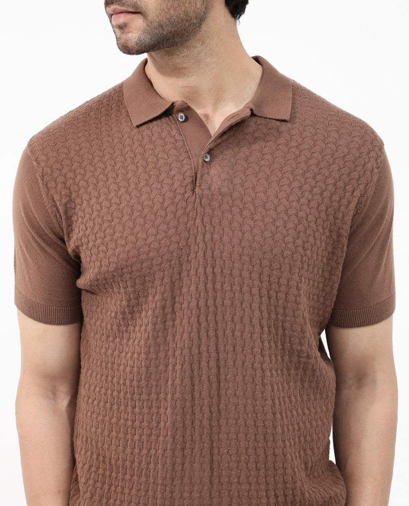 Rare Rabbit Men's Lincos Brown Cotton Fabric Collared Neck Full Sleeves Textured Polo T-Shirt