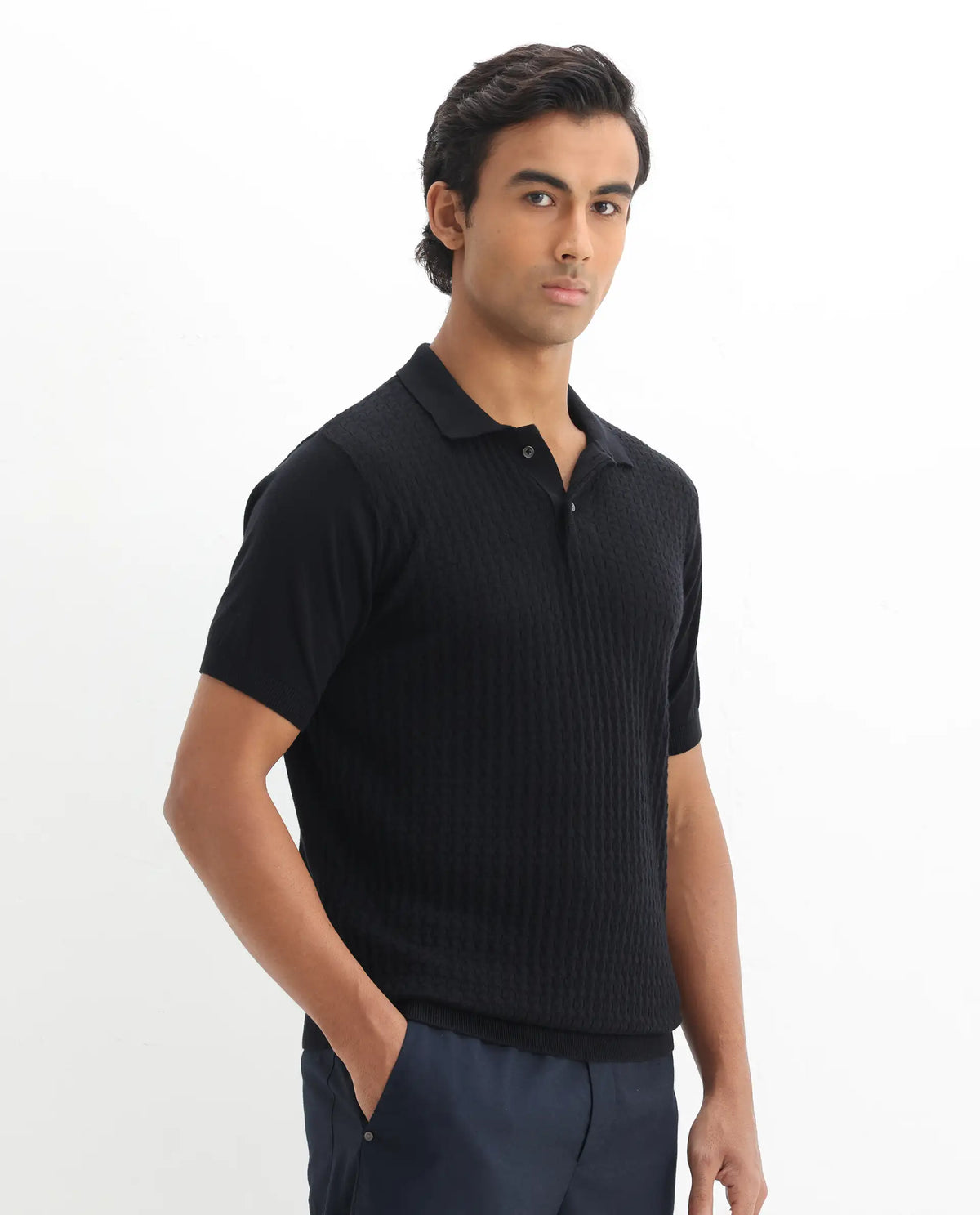 Rare Rabbit Men's Linco Black Cotton Plain Slim Fit Half Sleeve Polo