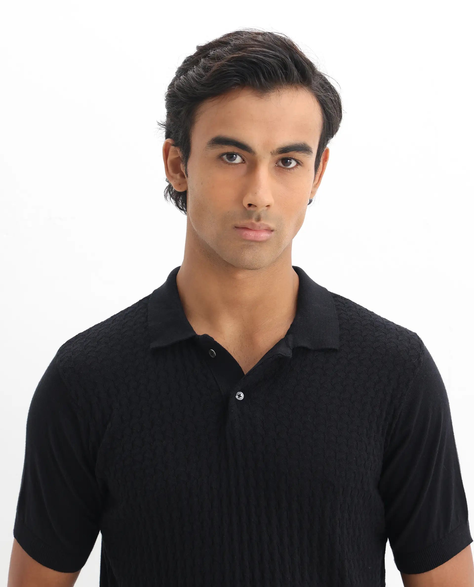 Rare Rabbit Men's Lincos Black Cotton Jacquard Slim Fit Half Sleeve Polo