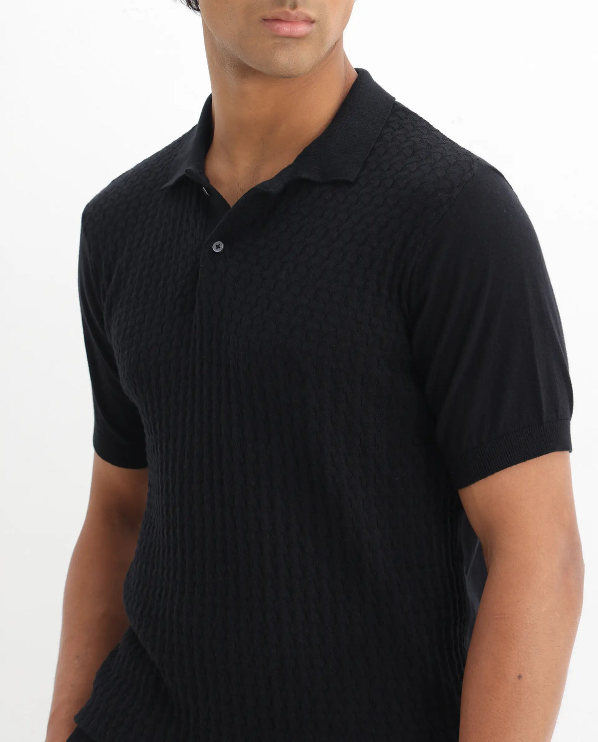 Rare Rabbit Men's Linco Black Cotton Plain Slim Fit Half Sleeve Polo