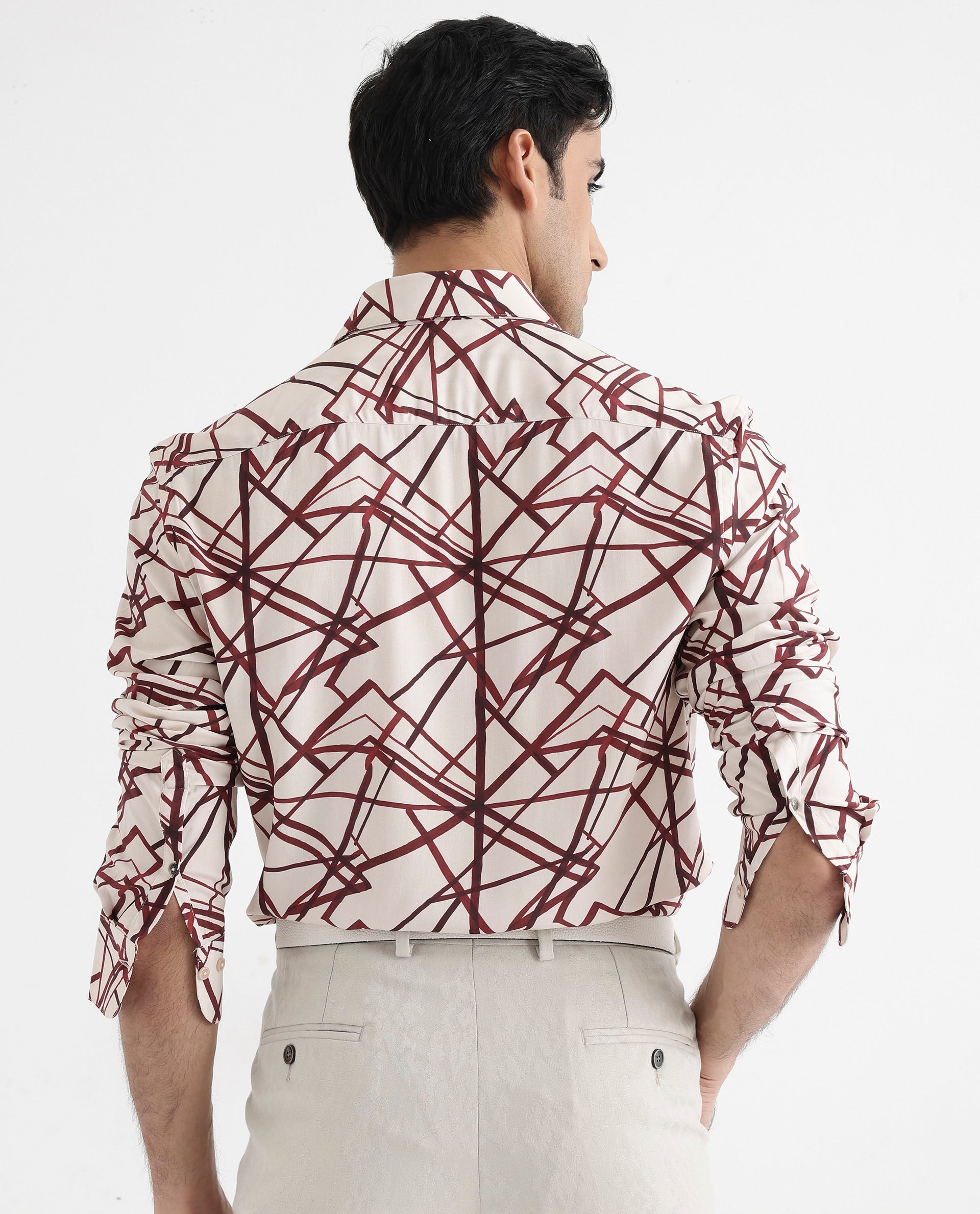 Rare Rabbit Men's Linden Beige Viscose Fabric Regular Collar Full Sleeve Abstract Print Shirt