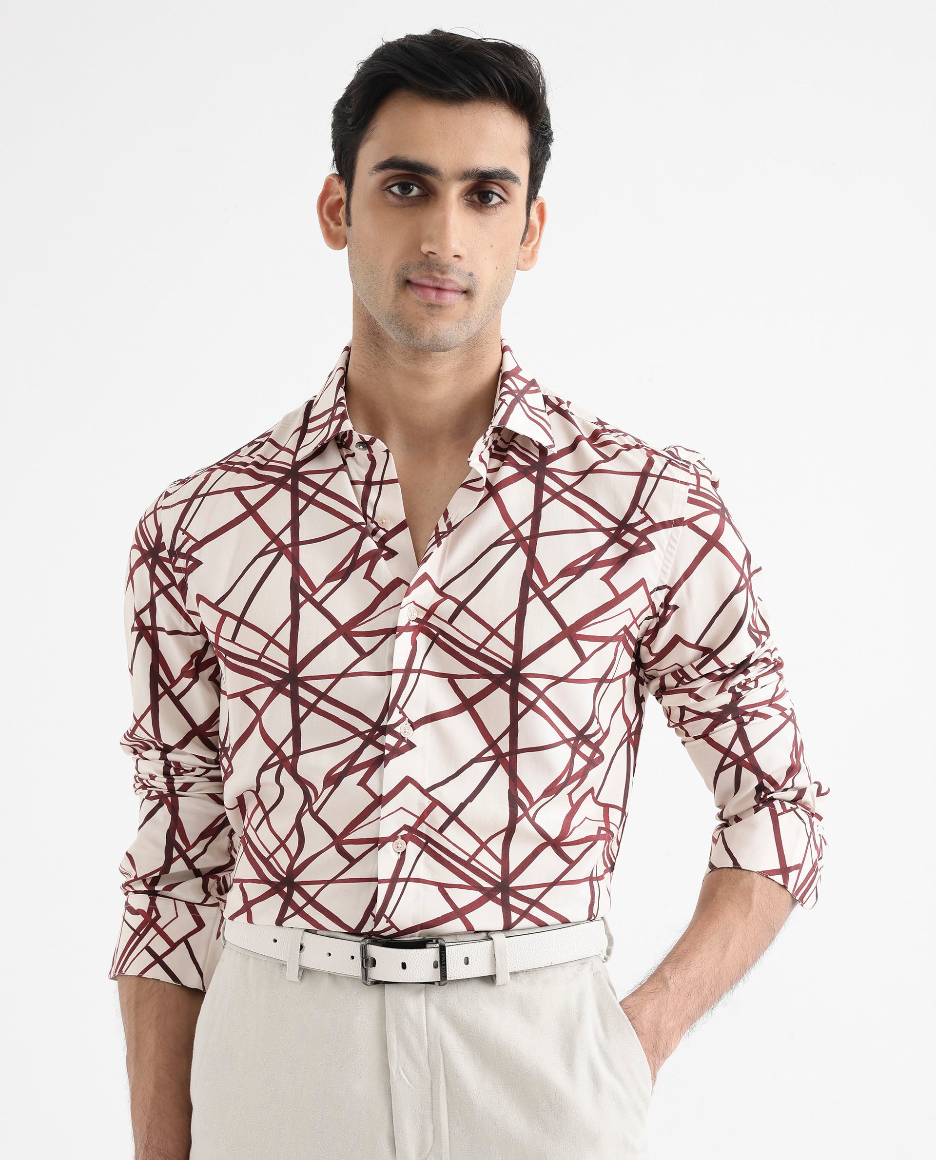 Rare Rabbit Men's Linden Beige Viscose Fabric Regular Collar Full Sleeve Abstract Print Shirt