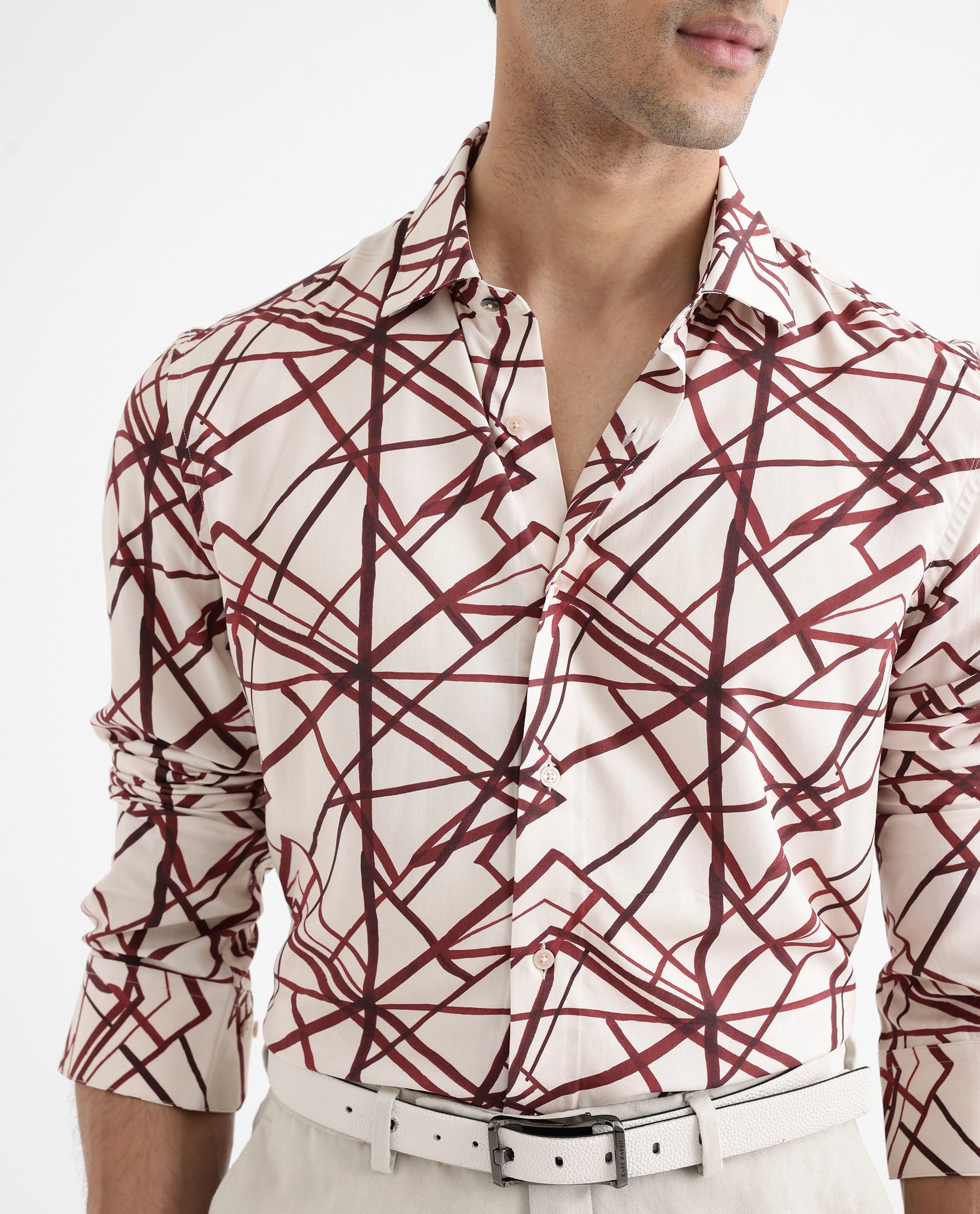 Rare Rabbit Men's Linden Beige Viscose Fabric Regular Collar Full Sleeve Abstract Print Shirt